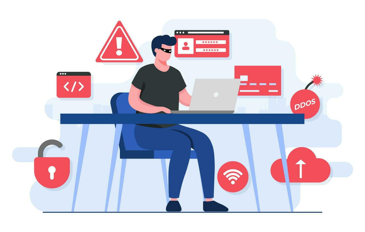 Cybercrime flat illustration concept, Fraud scam, Hacker steal private data on device, Internet fraud, Online phishing, Bulgar steal, Malware, password phishing, DDOS attack, Credit card scam vector