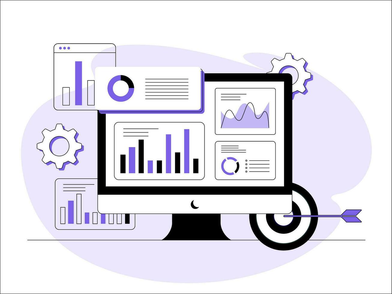 buscar resultado mejoramiento seo márketing analítica plano vector ilustración, seo actuación, focalización y supervisión, datos analítica, negocio análisis, mercado investigación, producto pruebas