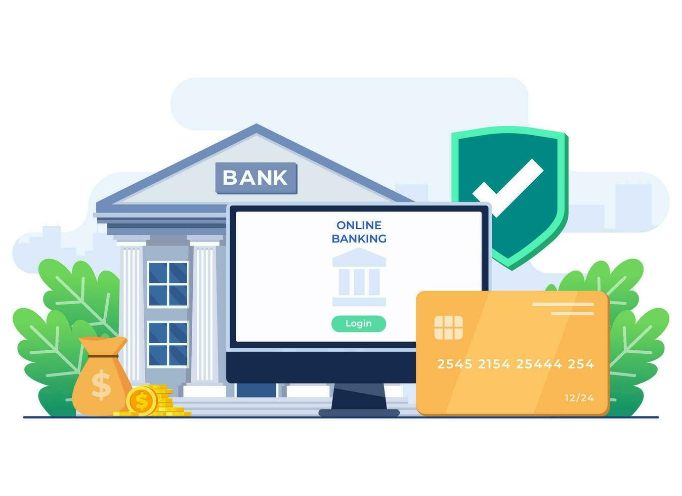 Iniciar sesión dentro en línea banco cuenta con computadora plano ilustración, en línea banco iniciar sesión página con nombre de usuario y contraseña, dinero transferir y efectivo retiro, digital billetera, seguro acceso a personal cuenta vector