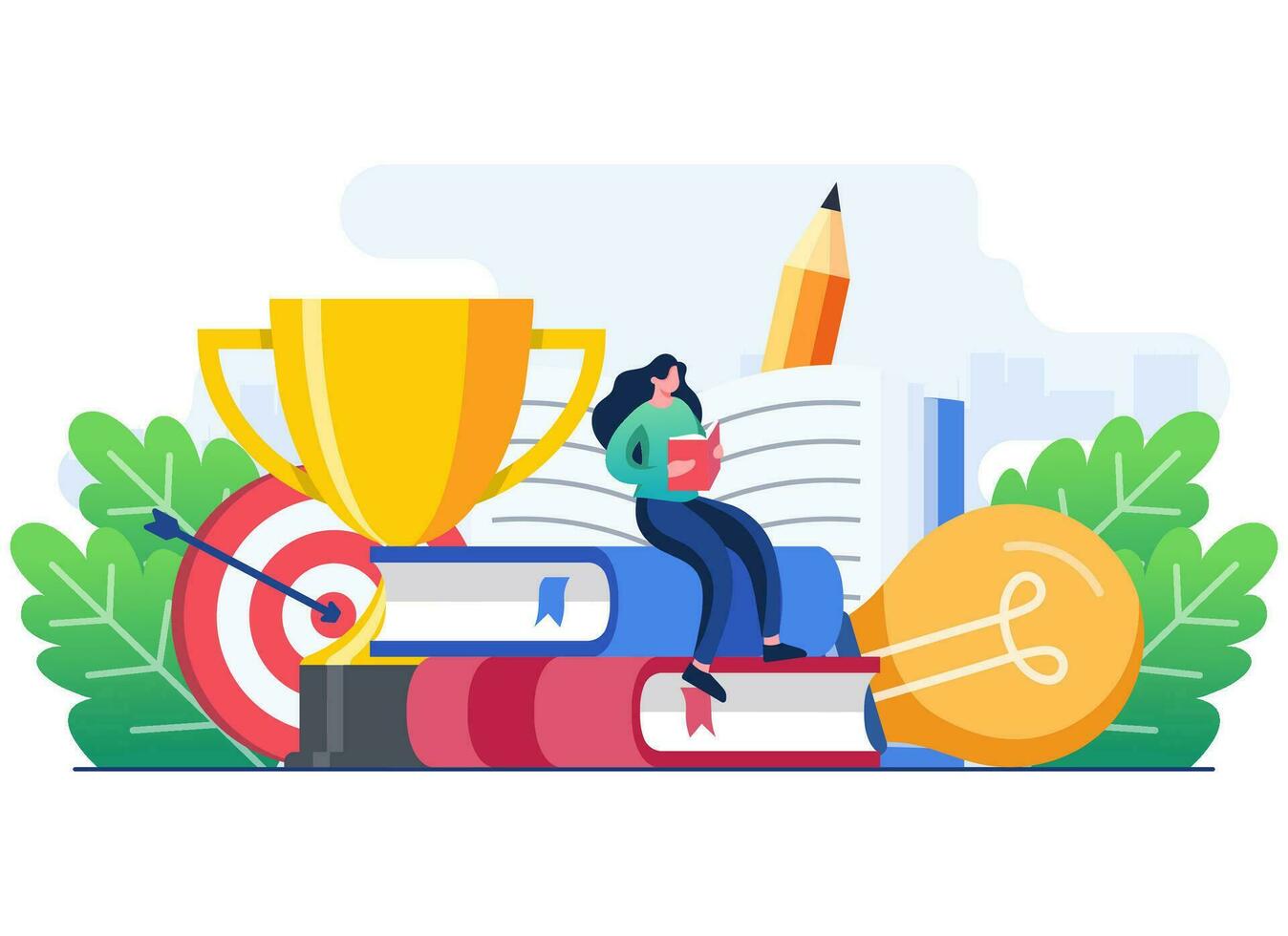 Tiny female student learning and sitting on textbook, Graduation and education concept flat illustration vector template, Undergraduate, Educational materials
