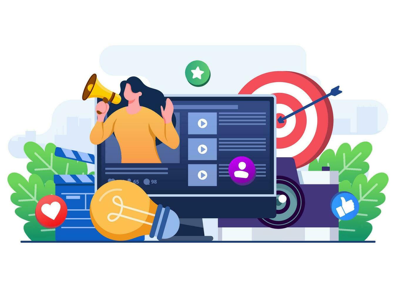 Video advertising concept flat illustration, Video marketing, Digital marketing, Social media marketing, business promotion, E-commerce, Influencer marketing, Endorsement, Marketing Strategy vector