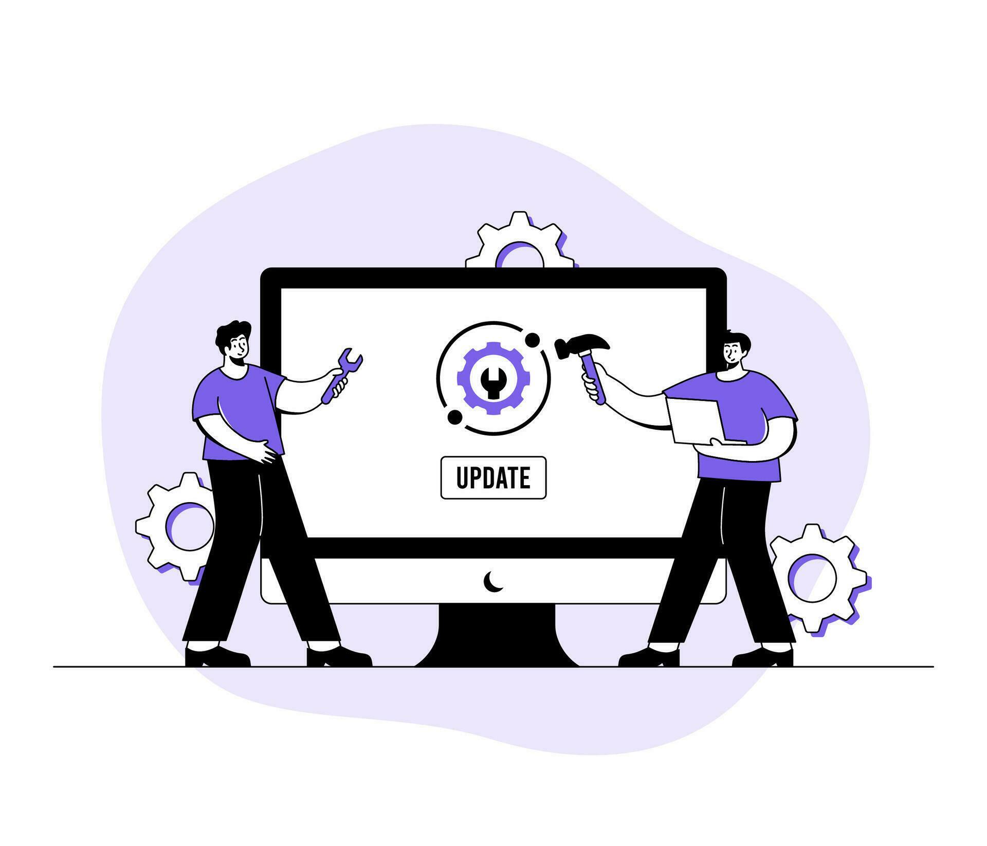 Computer with software update screen flat vector illustration, System ...