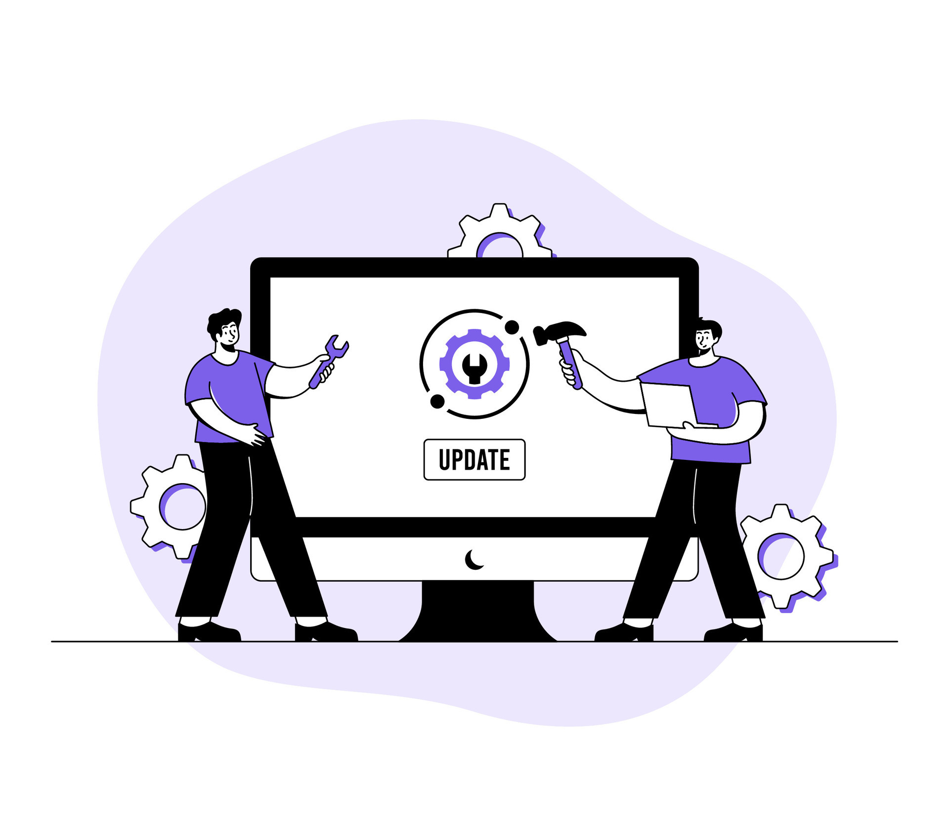 Computer with software update screen flat vector illustration, System