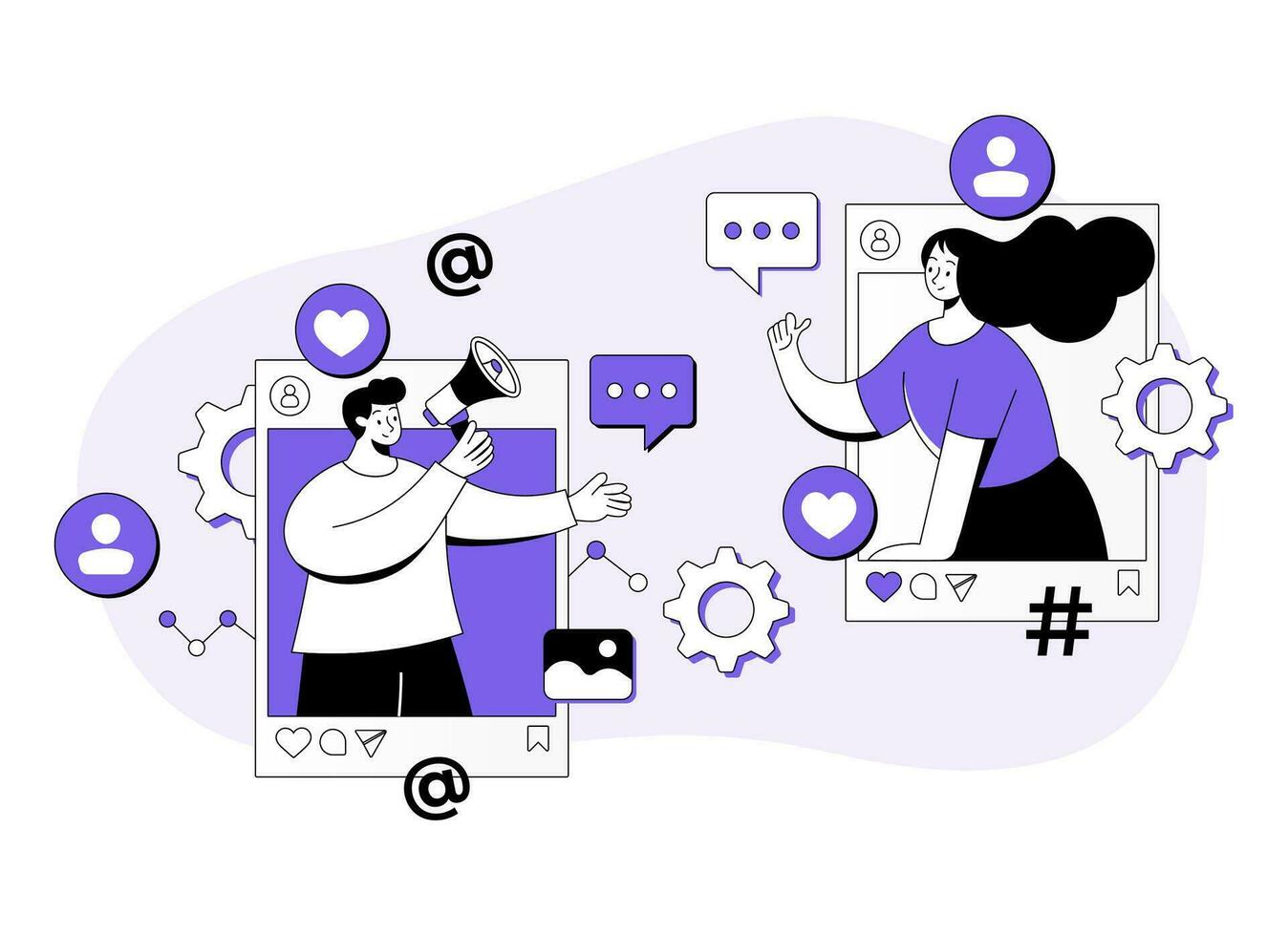 People communicating on social media, Social media marketing concept flat illustration, Digital marketing, E-commerce, Social media campaign, Seo optimization, content marketing vector