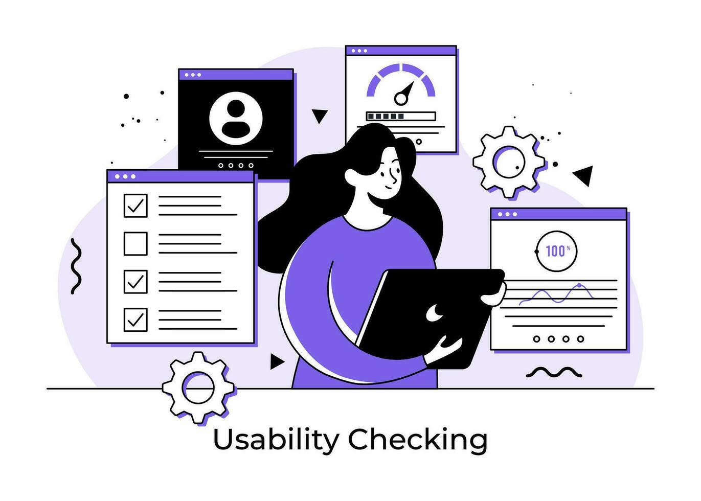 Usability testing flat illustration concept, QA engineering, developer, Tester searching bugs, Website testing, Software optimization process, Beta testing, Woman checks functions of application vector