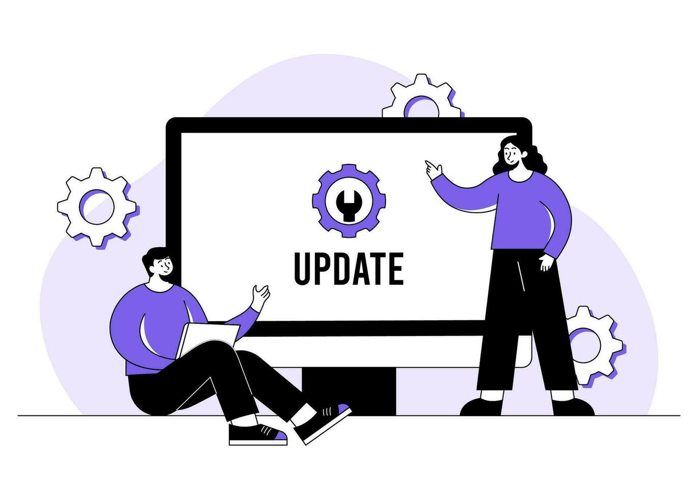 Computer with software update screen flat vector illustration, System maintenance, update process, install software, operating system, PC bug fixing, System or web application upgrade procedure