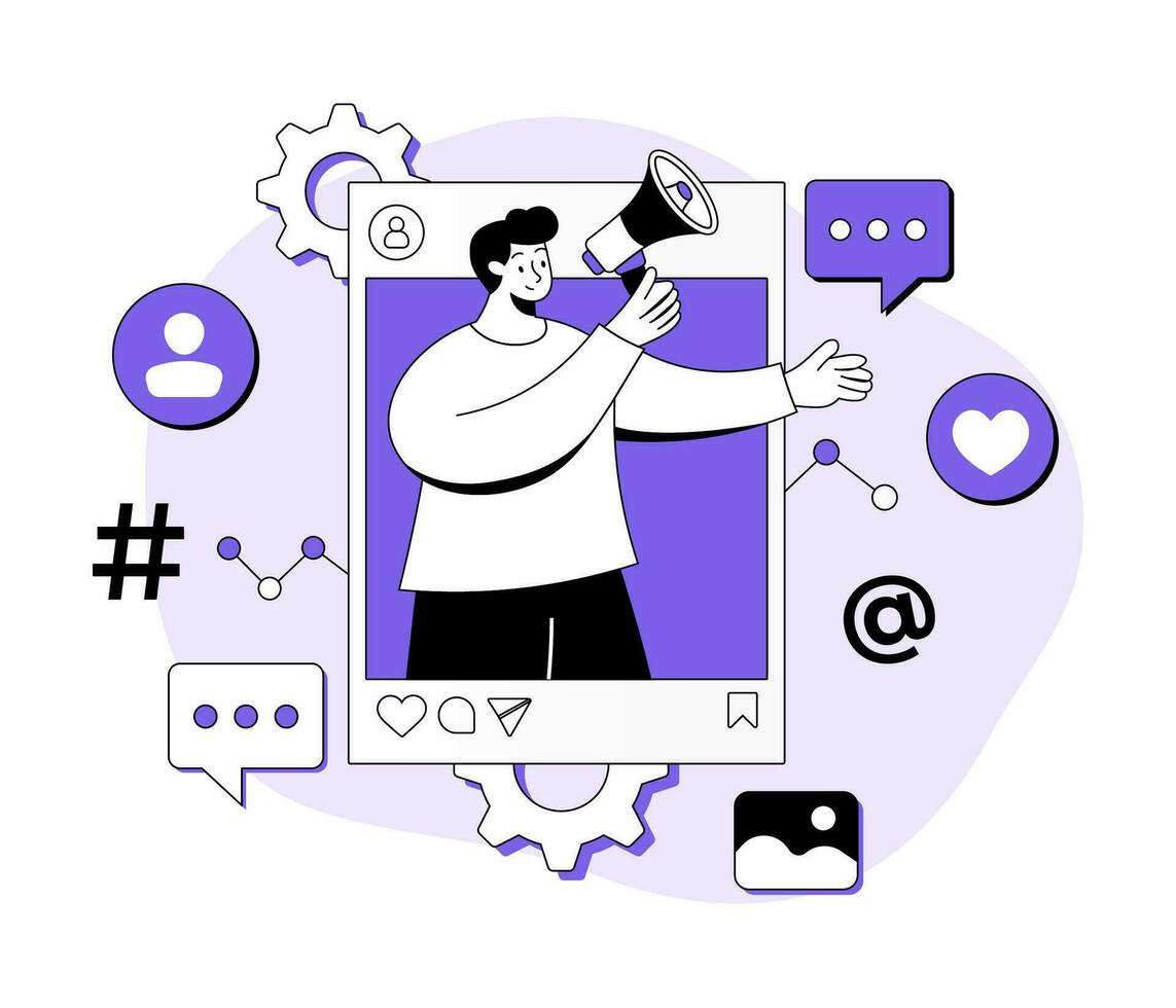 man standing with megaphone in social media feed, Social media marketing concept flat illustration, Digital marketing, E-commerce, Social media campaign, Seo optimization, content marketing vector