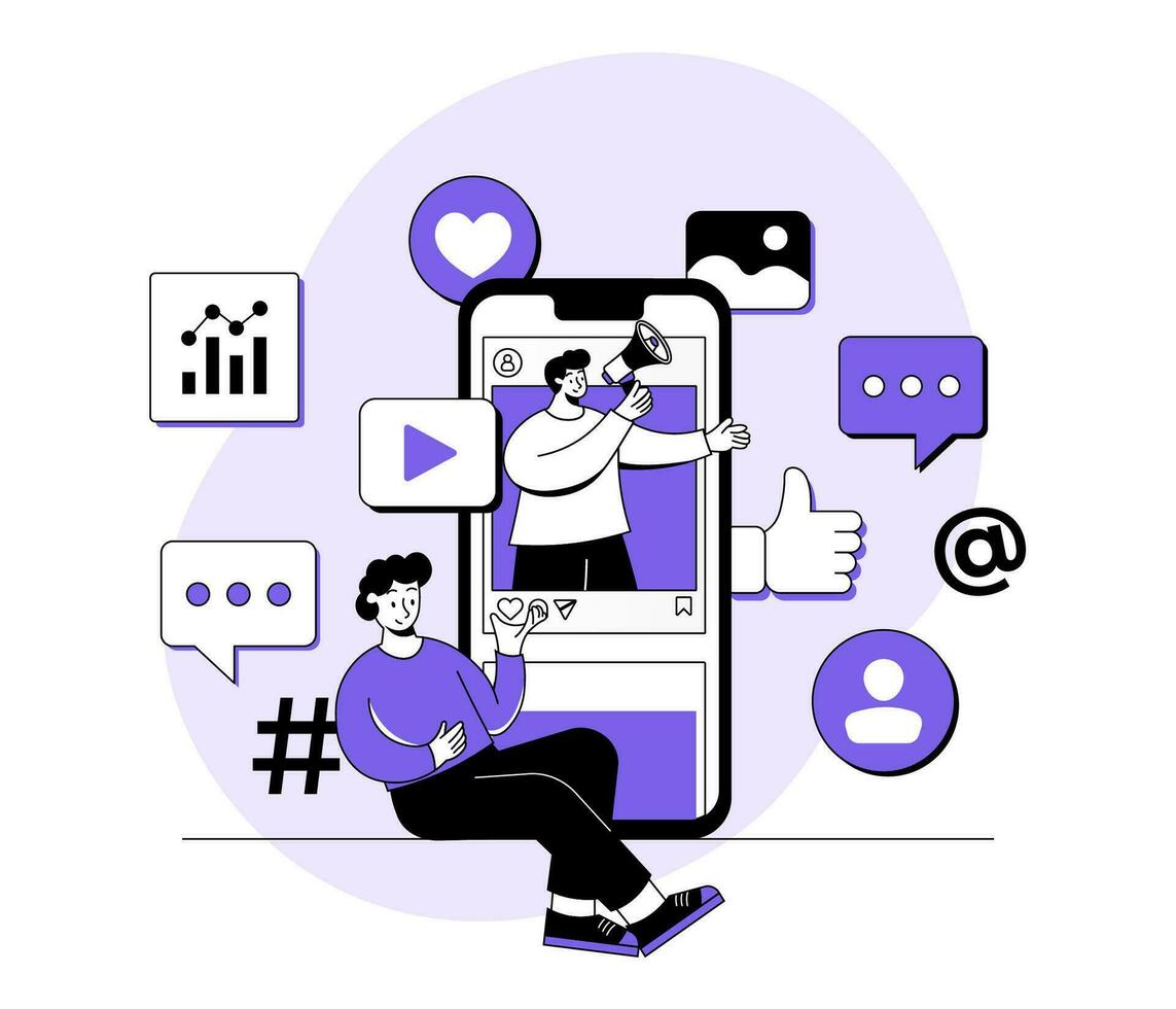 Man standing on social media feed with megaphone, Social media marketing concept flat illustration, Digital marketing, E-commerce, Social media campaign, Seo optimization, content marketing vector