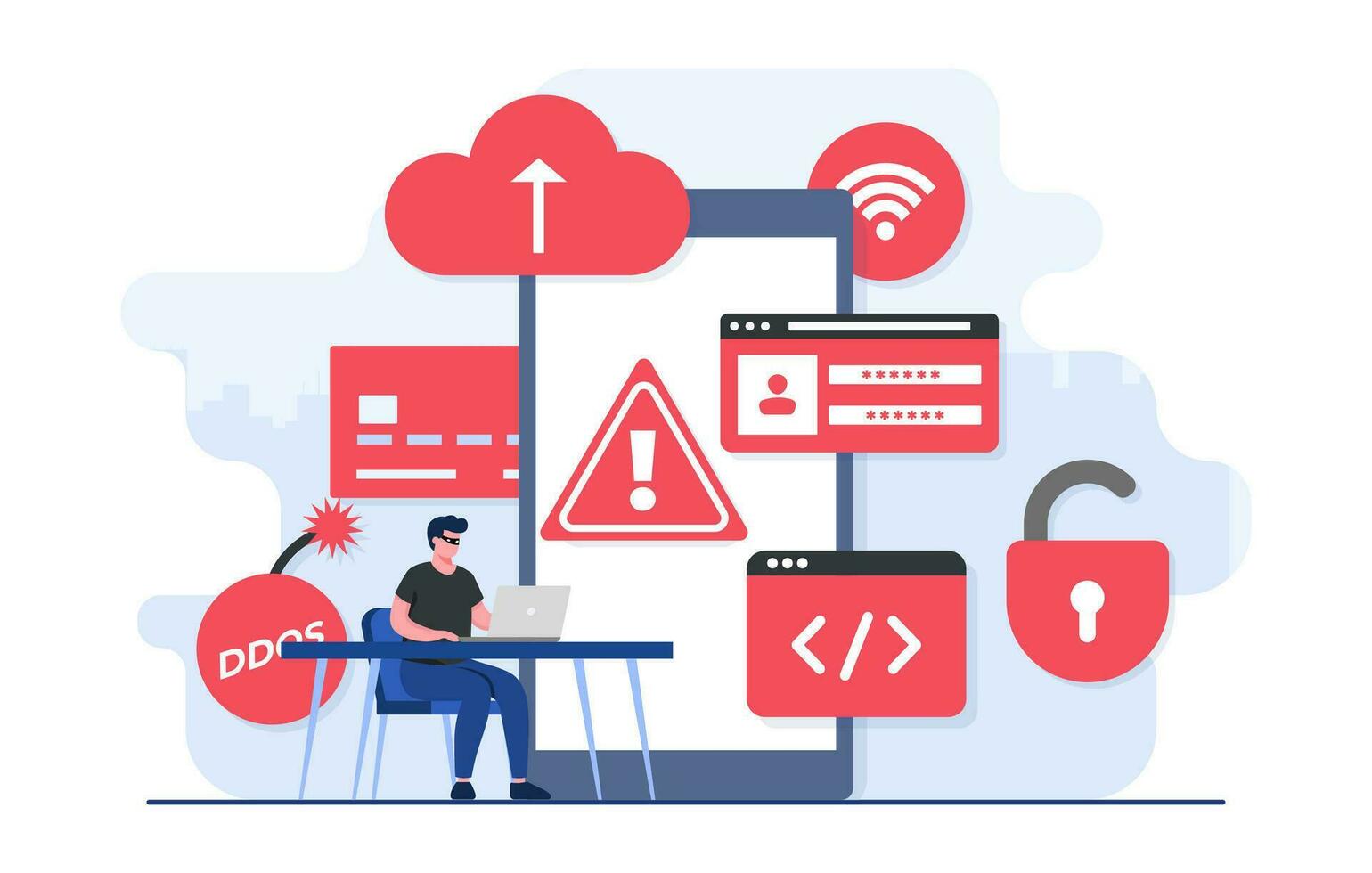 Cybercrime flat illustration concept, Fraud scam, Hacker steal private data on device, Internet fraud, Online phishing, Bulgar steal, Malware, password phishing, DDOS attack, Credit card scam vector