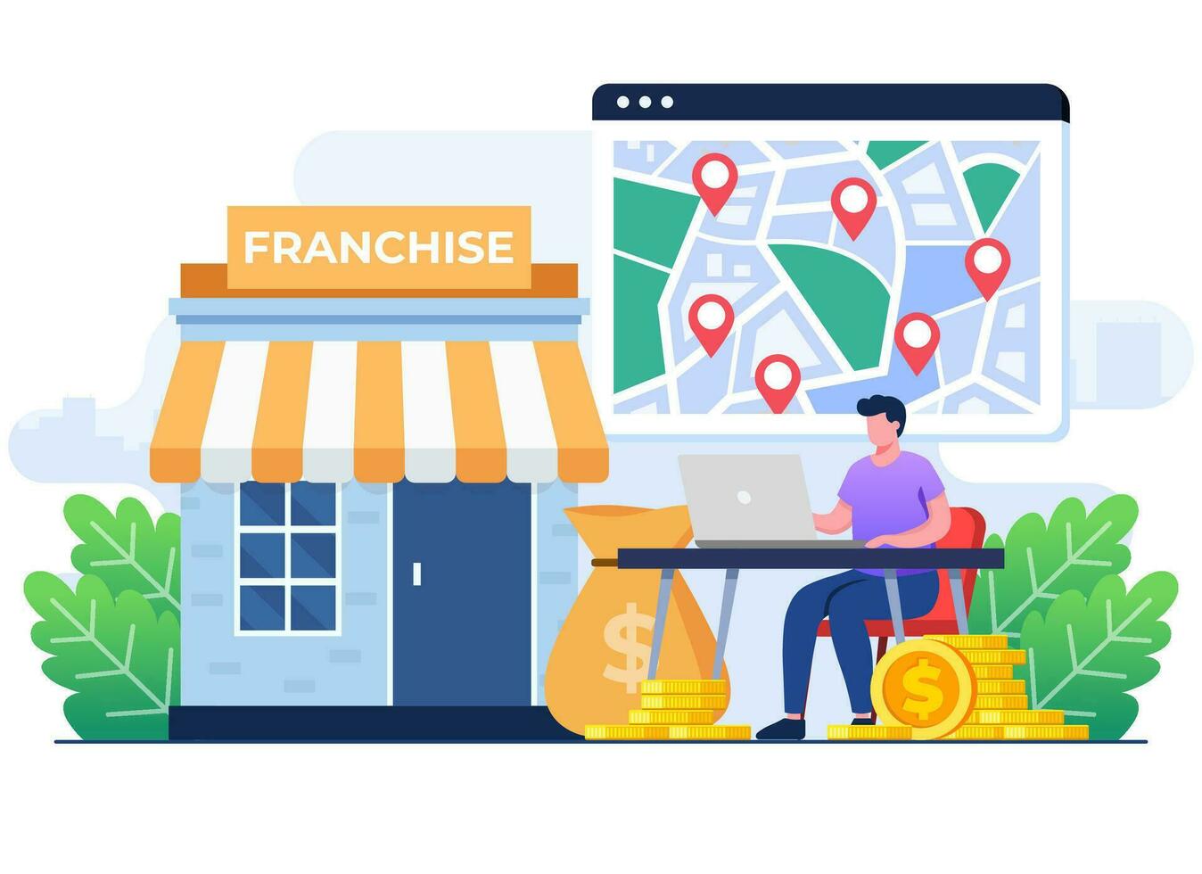 franquicia tienda plano ilustración concepto, negocio concepto, puesta en marcha estrategia, expansión, desarrollo, empresa vector