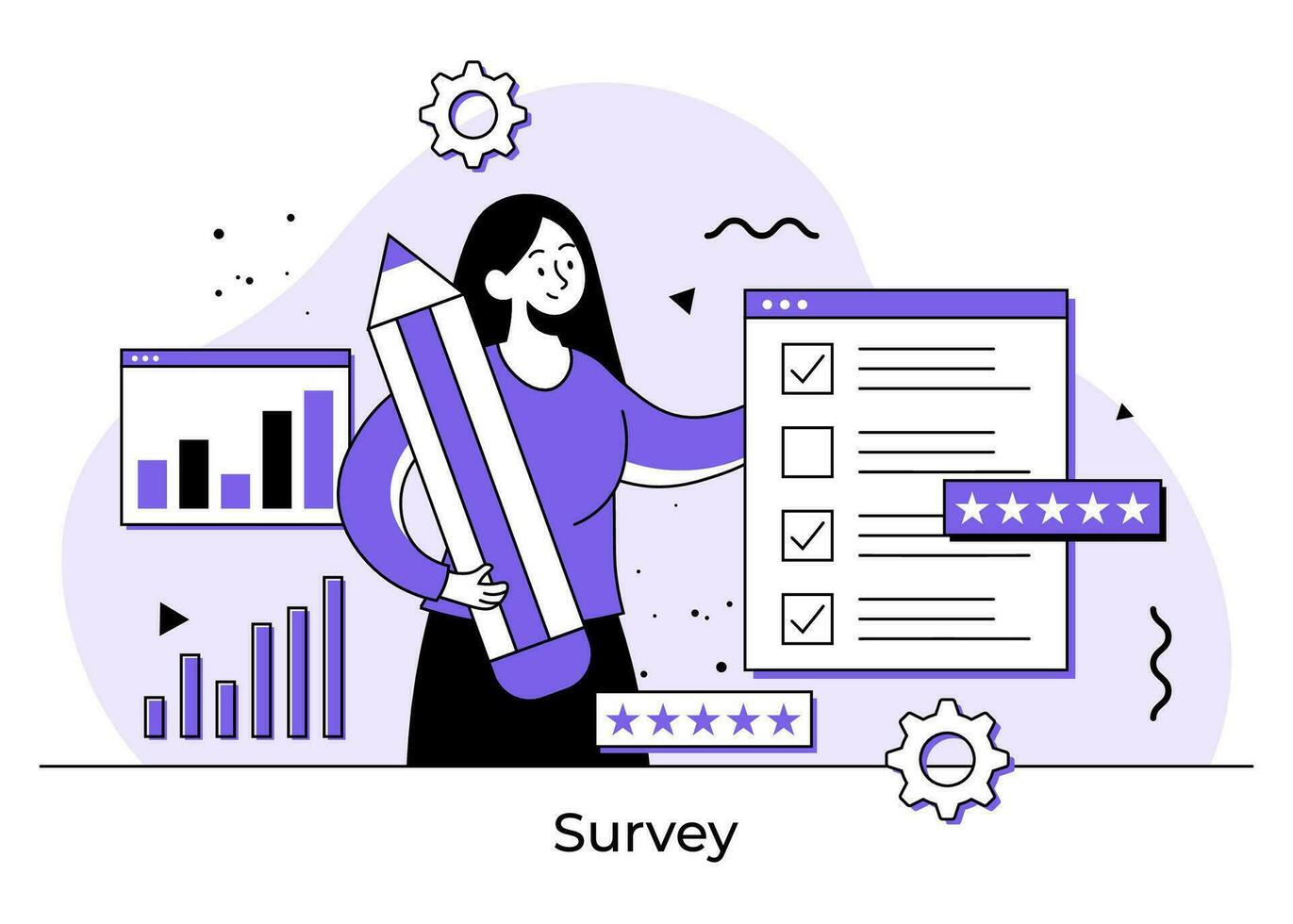 Female character filling survey concept flat illustration, Customer experience and satisfaction, Quiz exam paper sheet document, clipboard with checkboxes, checklist, complete tasks, To-do list vector