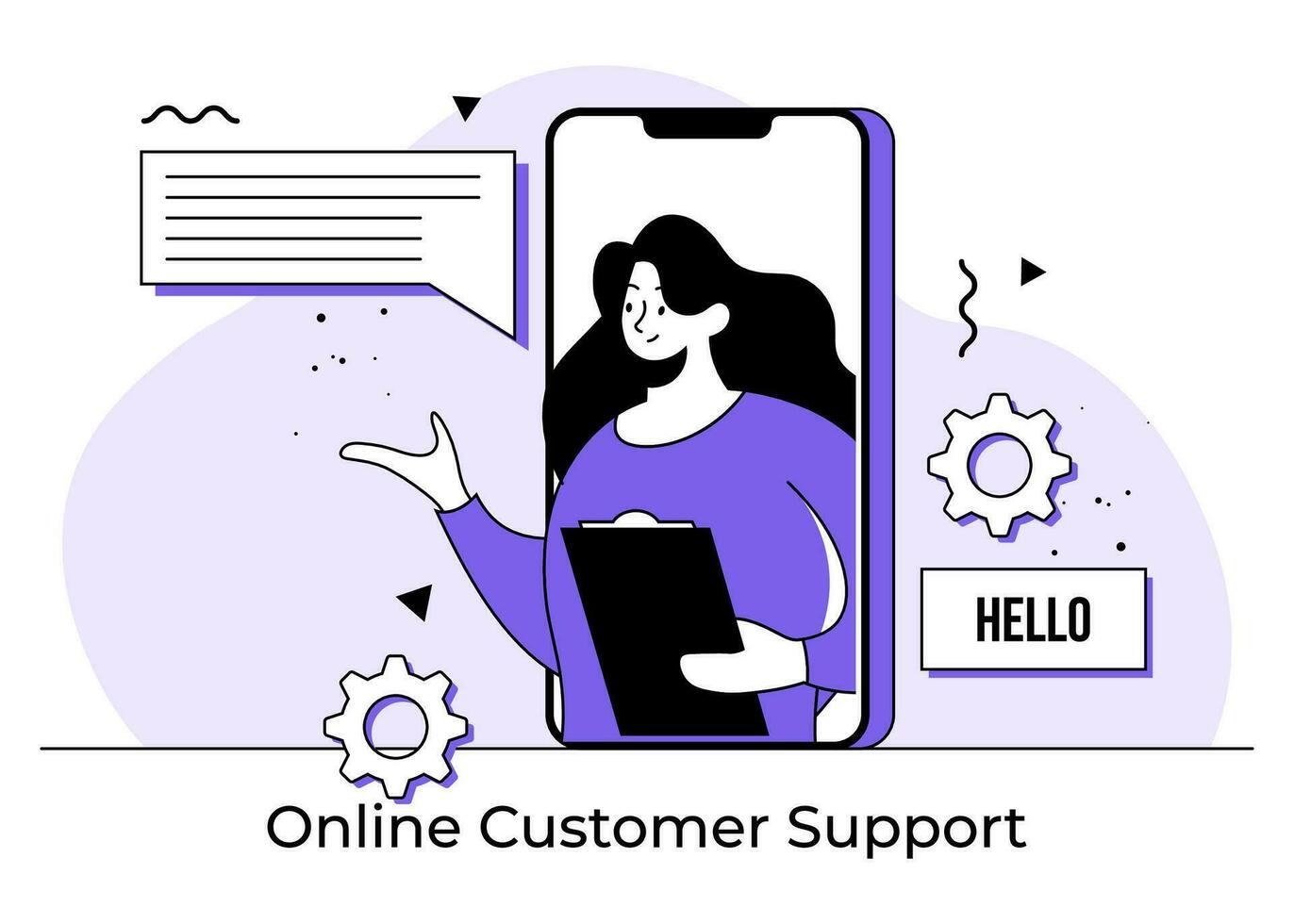 Woman answering customers' problems, Online customer service concept flat illustration, Telemarketing agents, Hotline operator, Call center, Online technical support vector