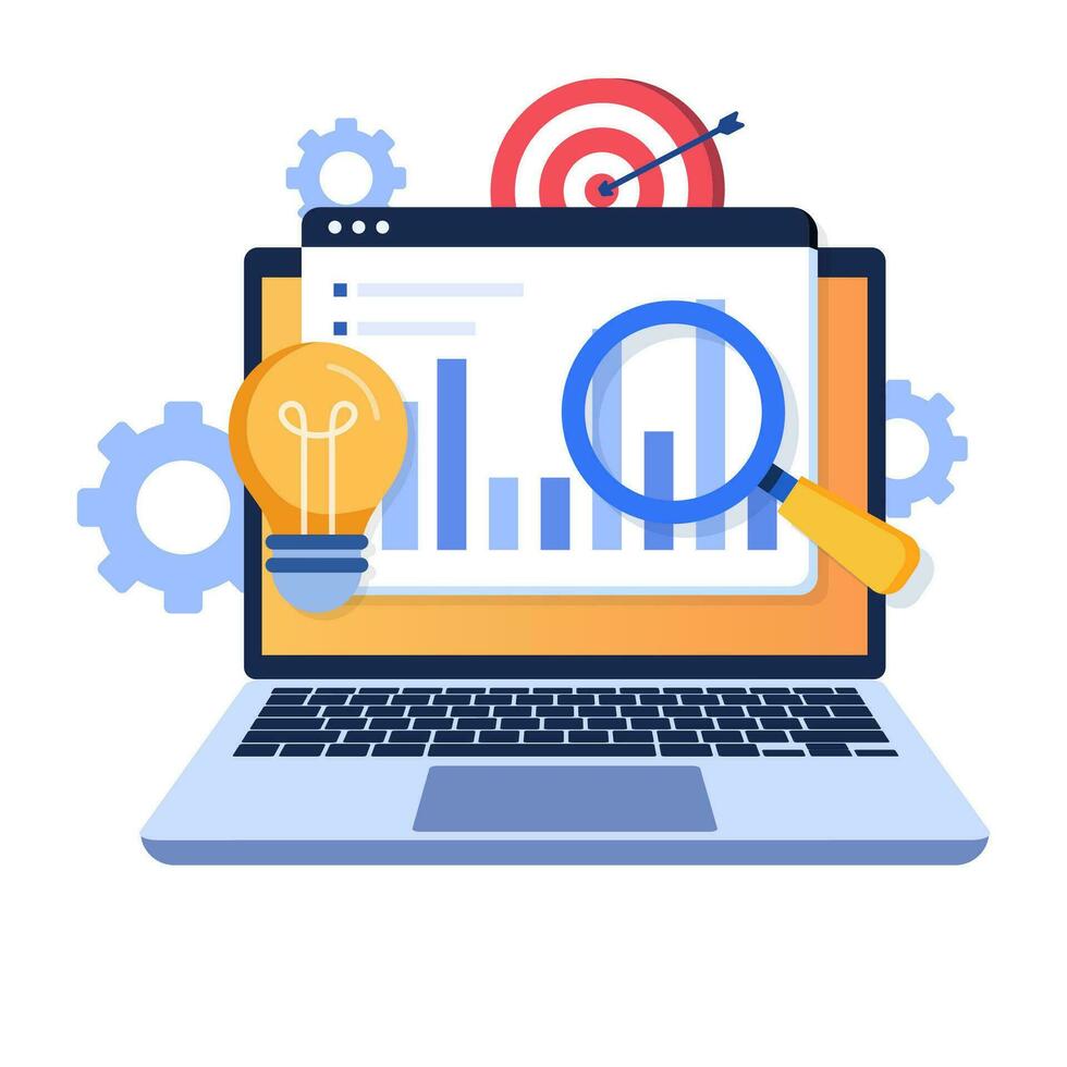 Business performance data analysis flat illustration concept, Search engine optimization, Market research chart, Data Analytics, Financial report, Business strategy, Financial forecast vector