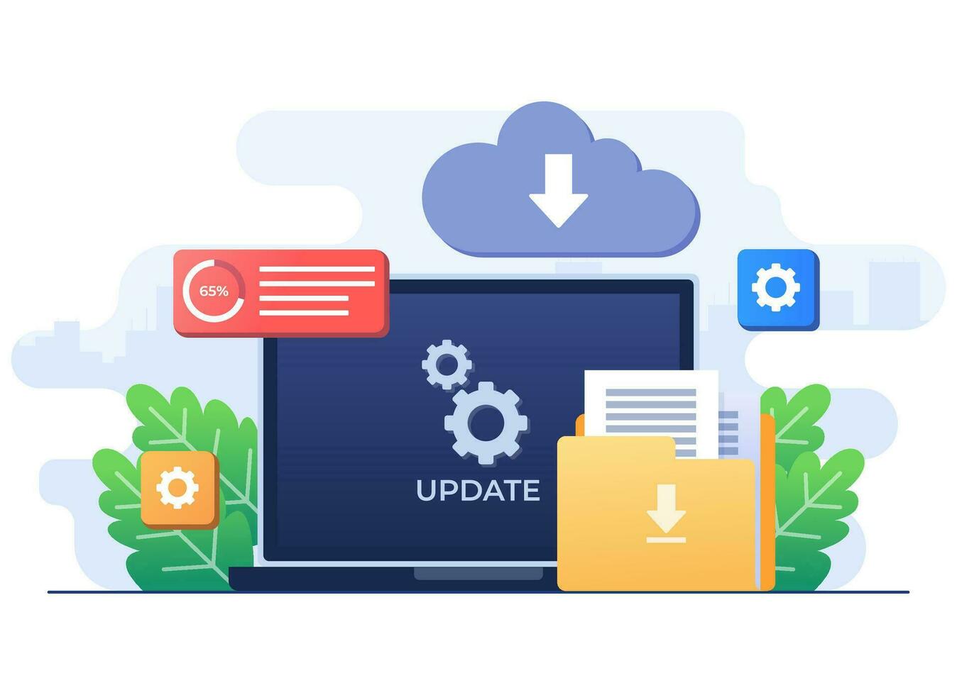 Upgrading operating system flat illustration, System update, System maintenance, Update program and application, Error fixing, troubleshooting, Device update, Software upgrade process vector