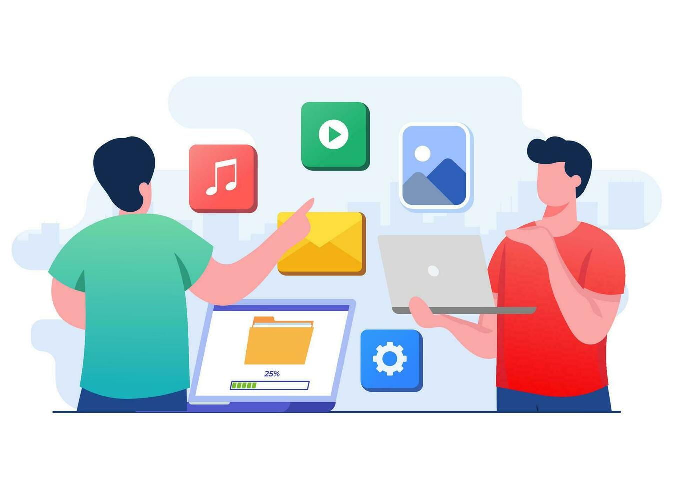 Two people sharing files, Data transfer, Document transfer, File management, Data exchange, Upload data to internet, Upload and download, Cloud technology vector