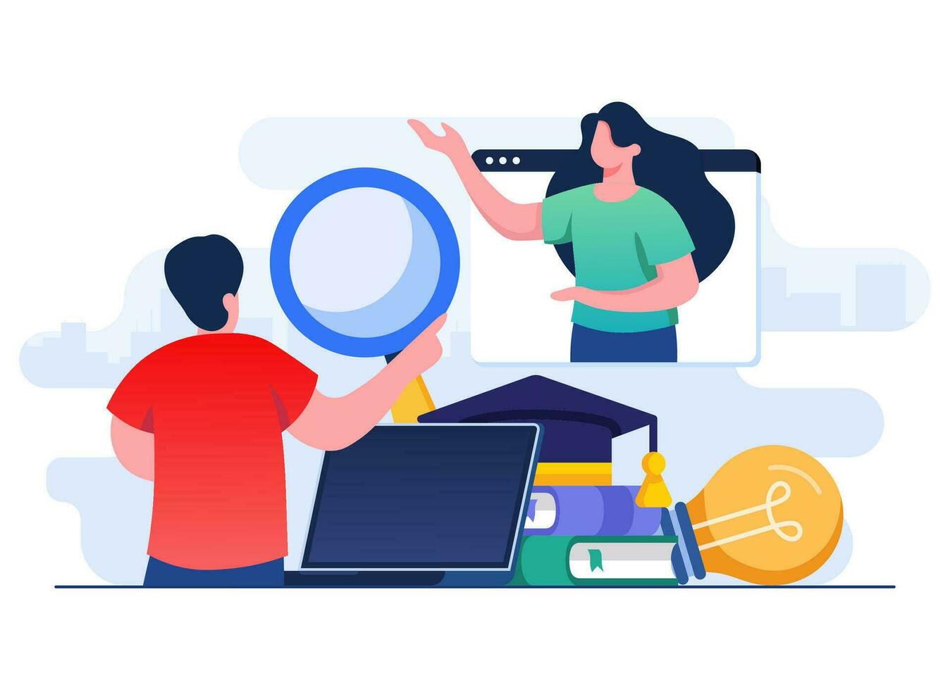 Online education flat vector illustration, Remote education, e-learning, online course, online webinar, video tutorial, Distant learning