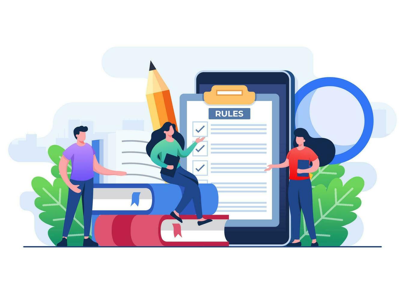 People discuss company rules and regulations, Agreement, Corporate law and business ethics, Compliance, Company policy concept for web design, infographic, landing page, social media, app vector