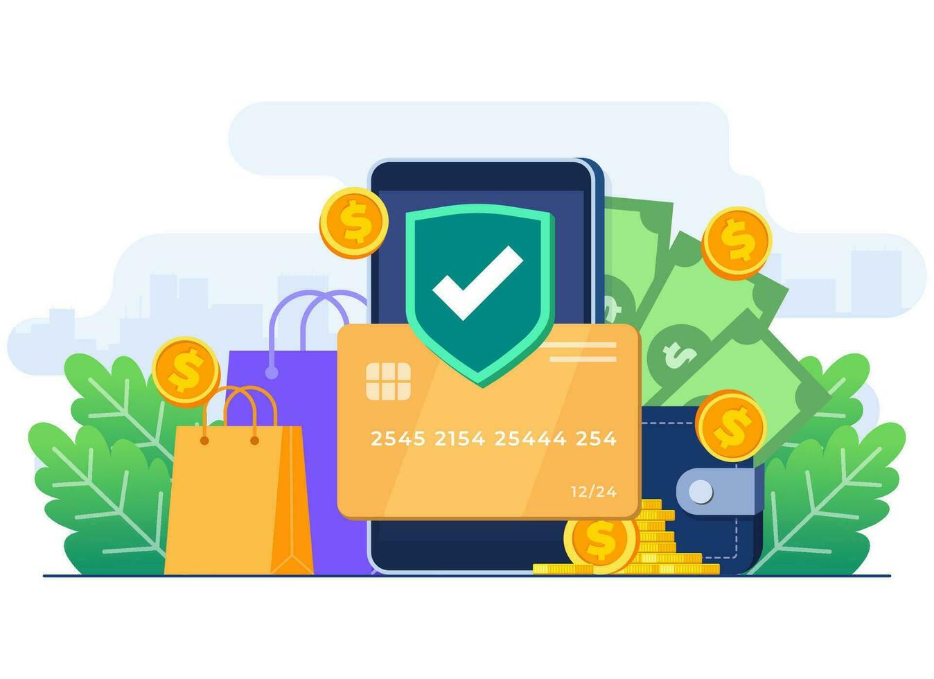 seguro móvil bancario plano ilustración, en línea compras, banca electrónica, digital billetera, seguro transacción vector