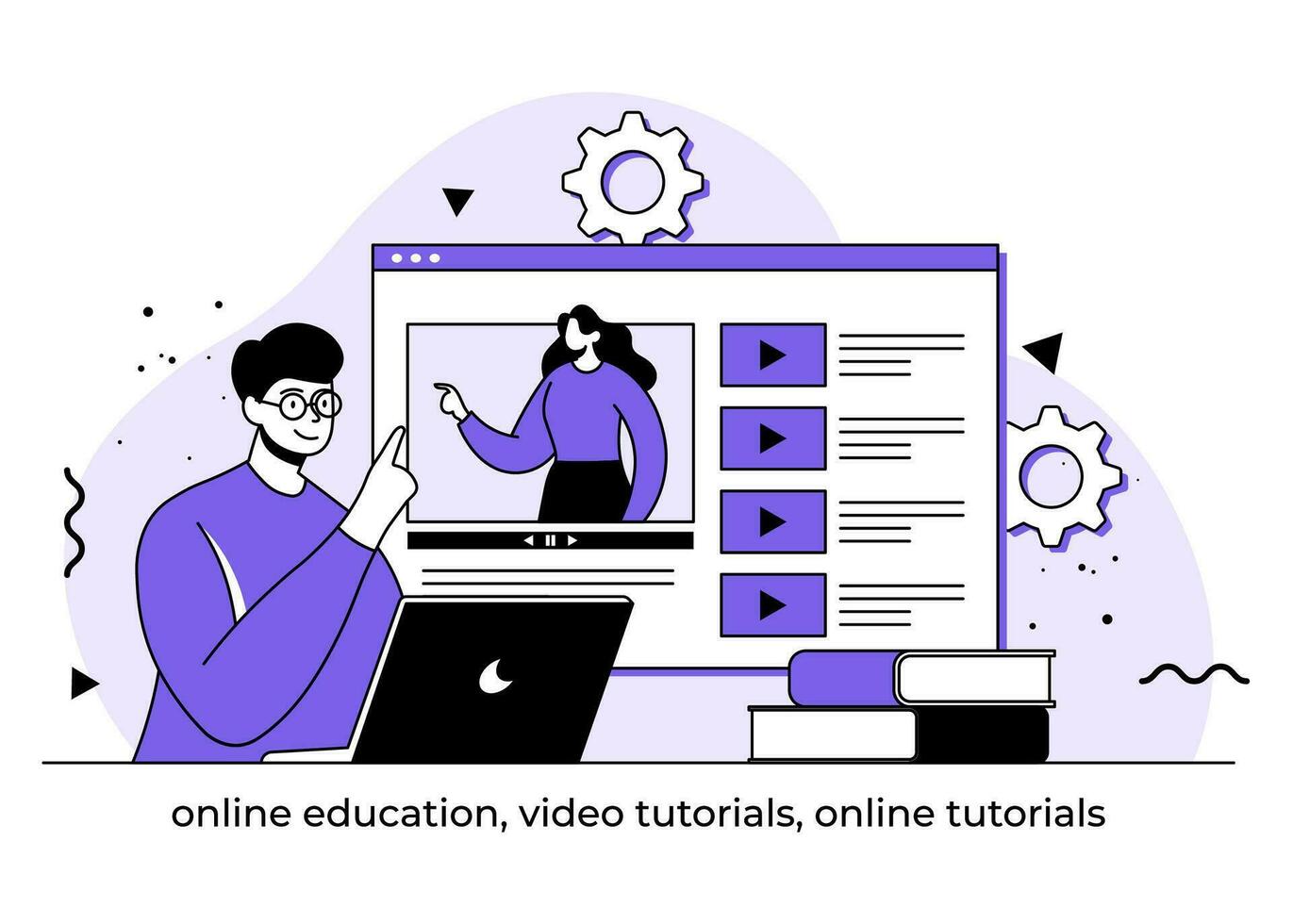 Online education flat illustration, Video tutorials, Online tutorials, E-learning, Online course, Online webinar, Students learning online scene, Distance education, Online Studying vector