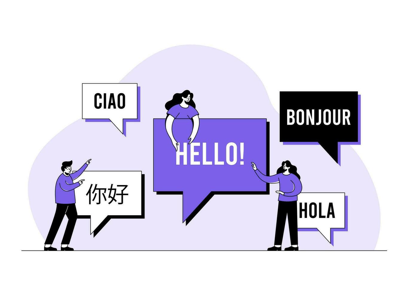 en línea traductor, traducir exterior idiomas, charla burbujas con diferente idiomas, Hola, plurilingüe comunicación, aplicación icono para diálogo Entre exterior personas concepto plano vector ilustración