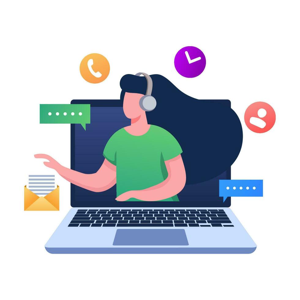 Female hotline operator appears on the laptop screen, Online customer support, Helping to solve problems, Technical support, telemarketing operator, Assistance, Remote consultant, Advice clients vector