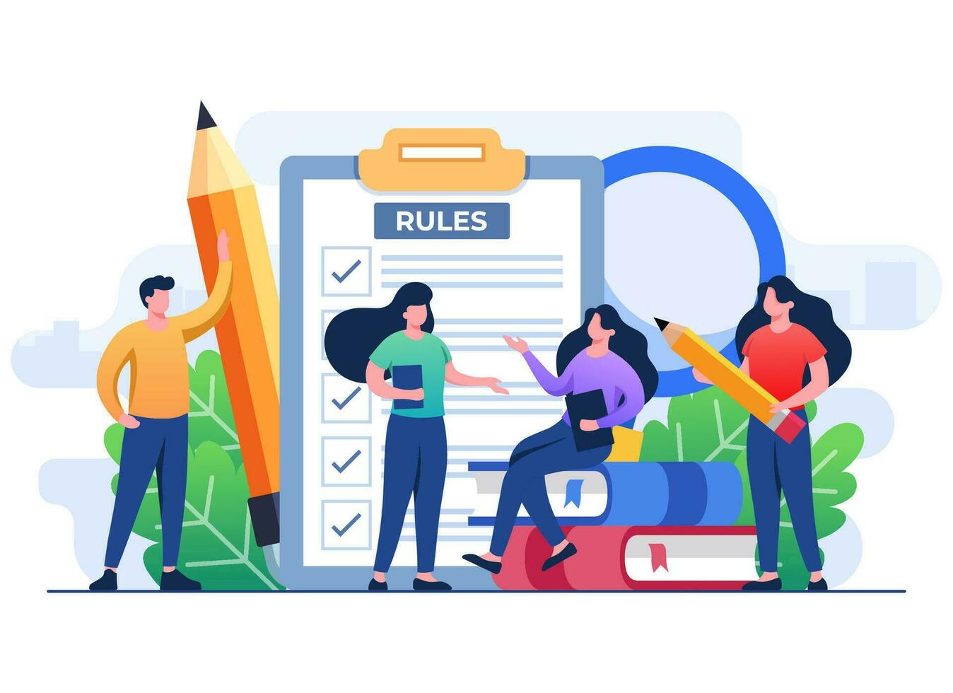 People discuss company rules and regulations, Agreement, Corporate law and business ethics, Compliance, Company policy concept for web design, infographic, landing page, social media, app vector