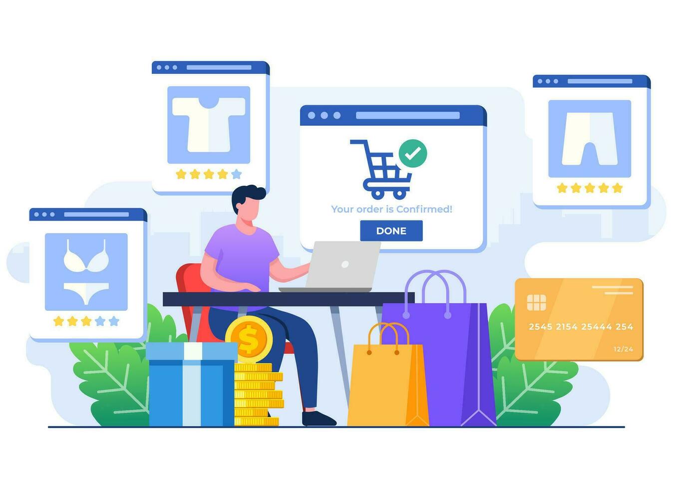 hombre personaje comprar ropa en línea utilizando computadora portátil, en línea almacenar, en línea compras, comercio electrónico sitio web, digital o virtual mercado plano ilustración para aterrizaje página, web diseño, infografía vector