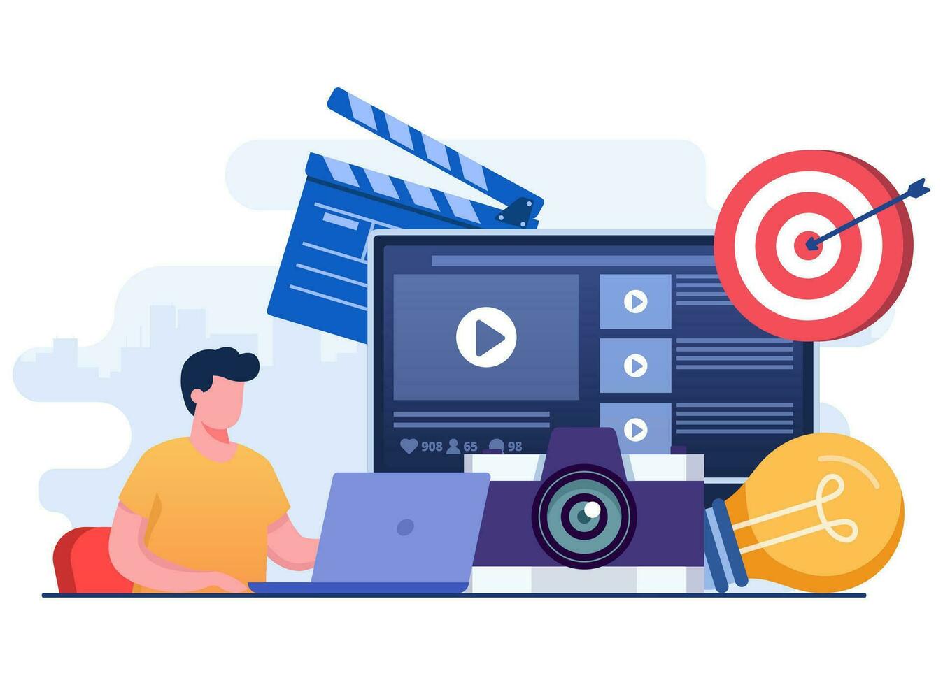 personas creando vídeo contenido, para marketing, promoción, comercio electrónico, digital marketing, contenido estrategia, blogueando, Blog, vlog, hombre de influencia marketing, anuncio publicitario, aprobación, campaña, En Vivo corriente vector