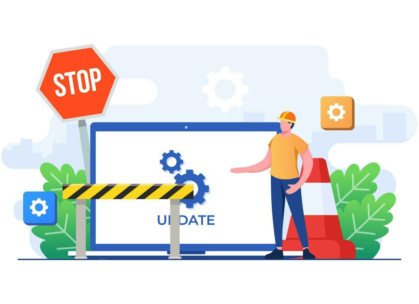 System maintenance, Error, Fixing trouble, Device updating, Software system under maintenance vector illustration, Software upgrade process on laptop, System update, People update operation system