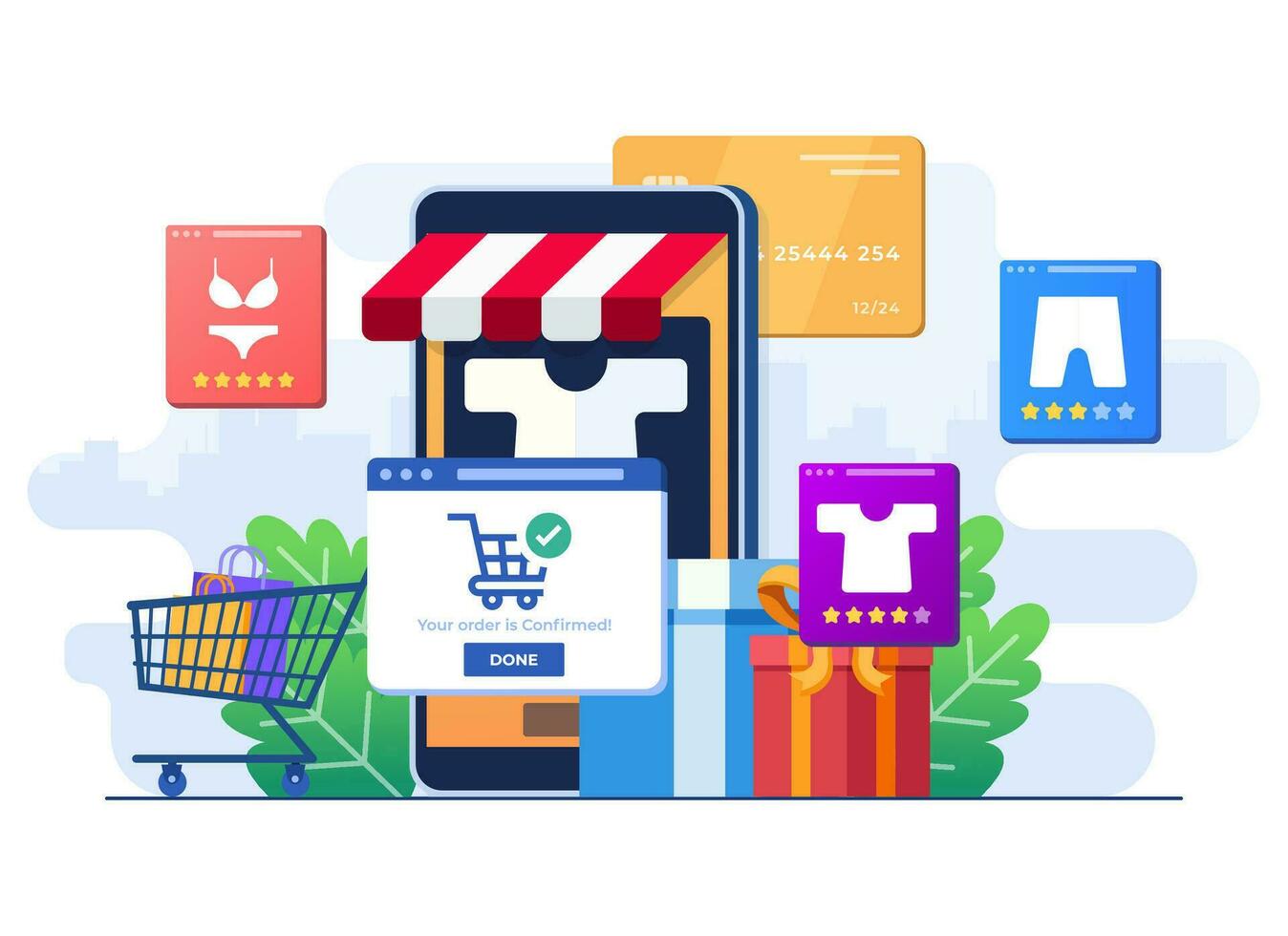 Order clothes from online clothing store using credit card E commerce Mobile shopping Digital or Virtual marketplace Online shopping Internet store flat illustration for landing page web design 363244...