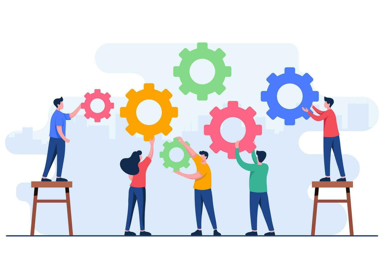 Finding new ideas, Business people join jigsaw puzzle pieces flat illustration vector template, Teamwork, Partnership, Cooperation, Achievement, Solution, Problem-solving