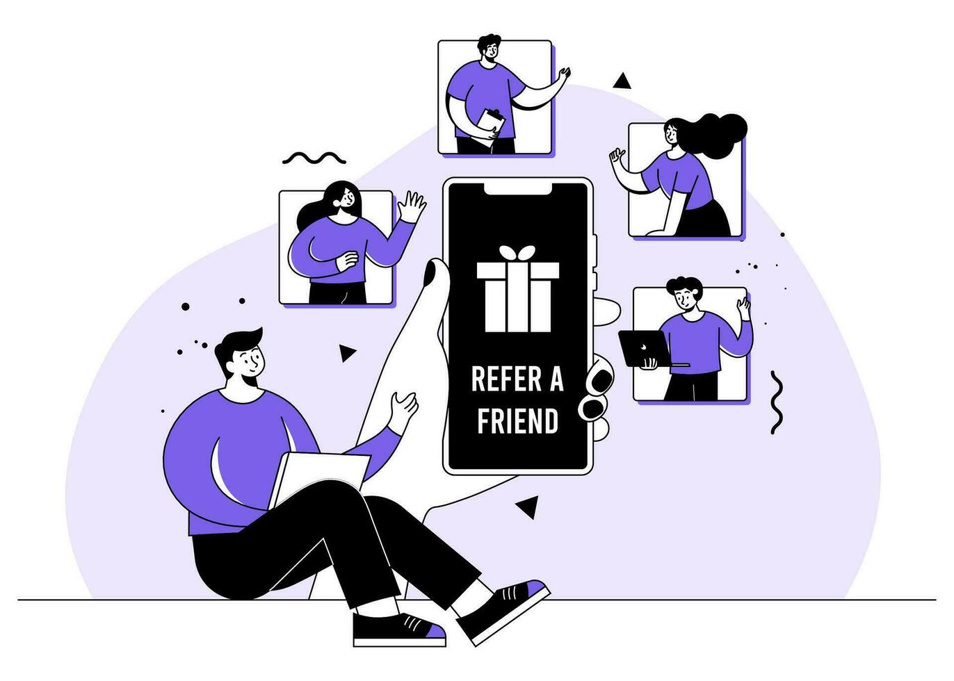 Refer a friend loyalty program flat illustration, Man shout on megaphone, Referral marketing, Friends loyalty program, Promotion method, affiliate partnership and earn money, Marketing strategy, vector