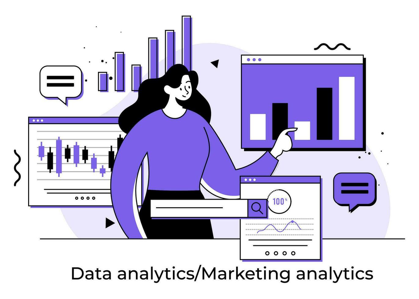 Businesswoman analyzing business and marketing data, Data management, Search engine optimization, Business strategy and analytics, business financial planning, data statistics vector