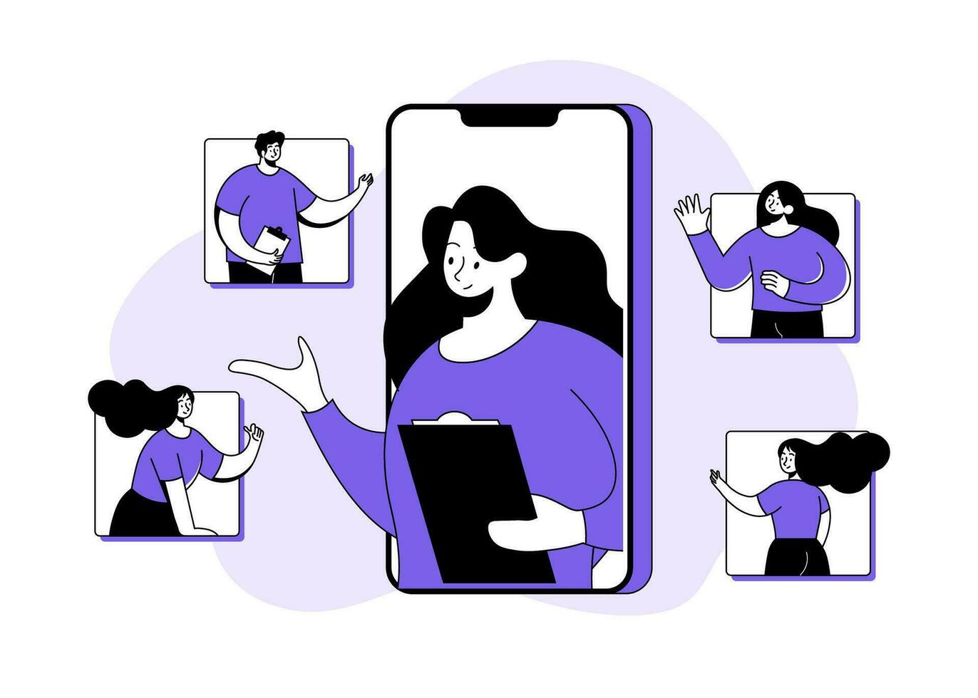 Woman answering customers' problems, Online customer service concept flat illustration, Telemarketing agents, Hotline operator, Call center, Online technical support, Online help community vector