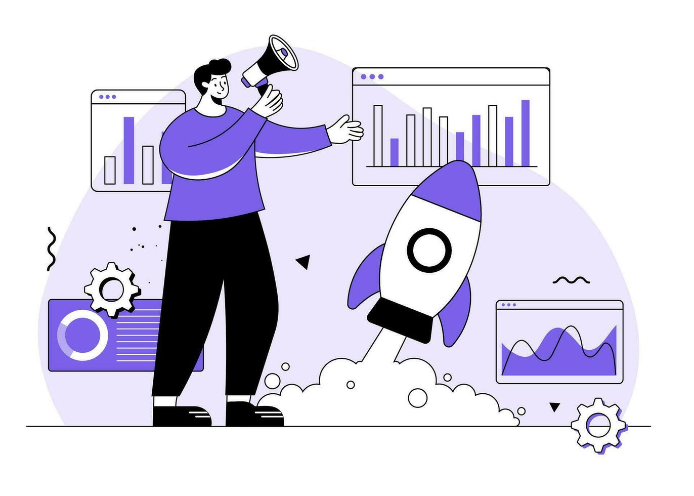 Business startup launch concept flat illustration vector template, Rocket icon, Business strategy, Analytics and brainstorming, Entrepreneurship, business plan, launch product or service