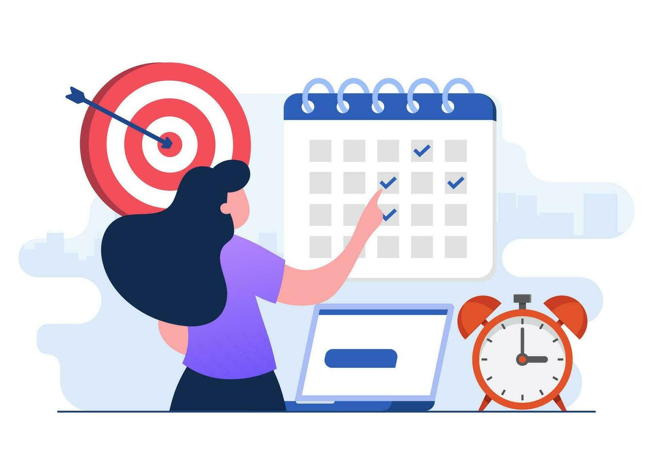 Effective time management flat illustration vector concept, Female character organizing monthly schedule, Planning calendar appointments, Organizing work tasks, daily events, business meetings