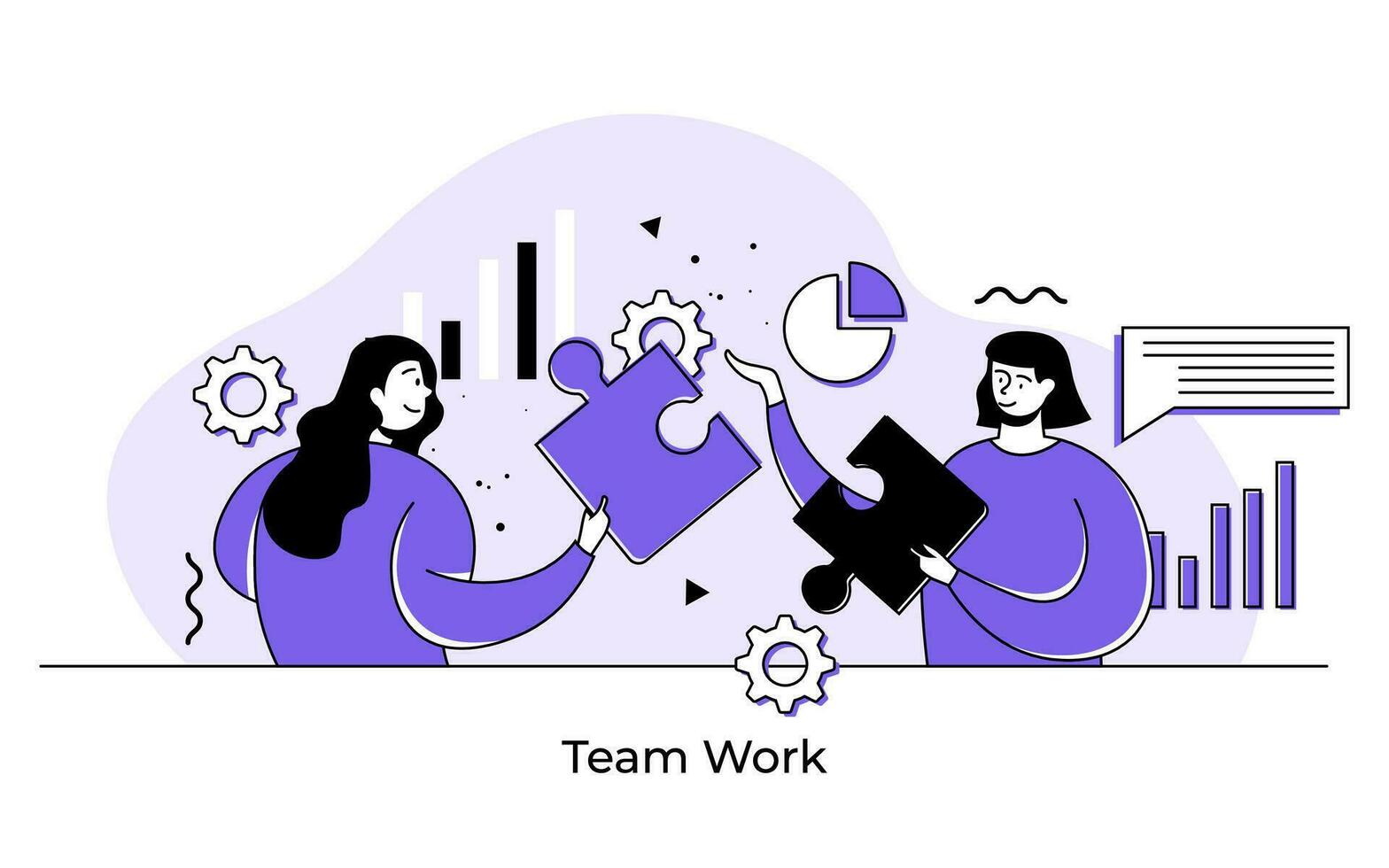 two women holding jigsaw puzzle pieces, Teamwork concept flat vector illustration, Cooperation, Support and helping colleagues, Partnership, Business people achieving business targets