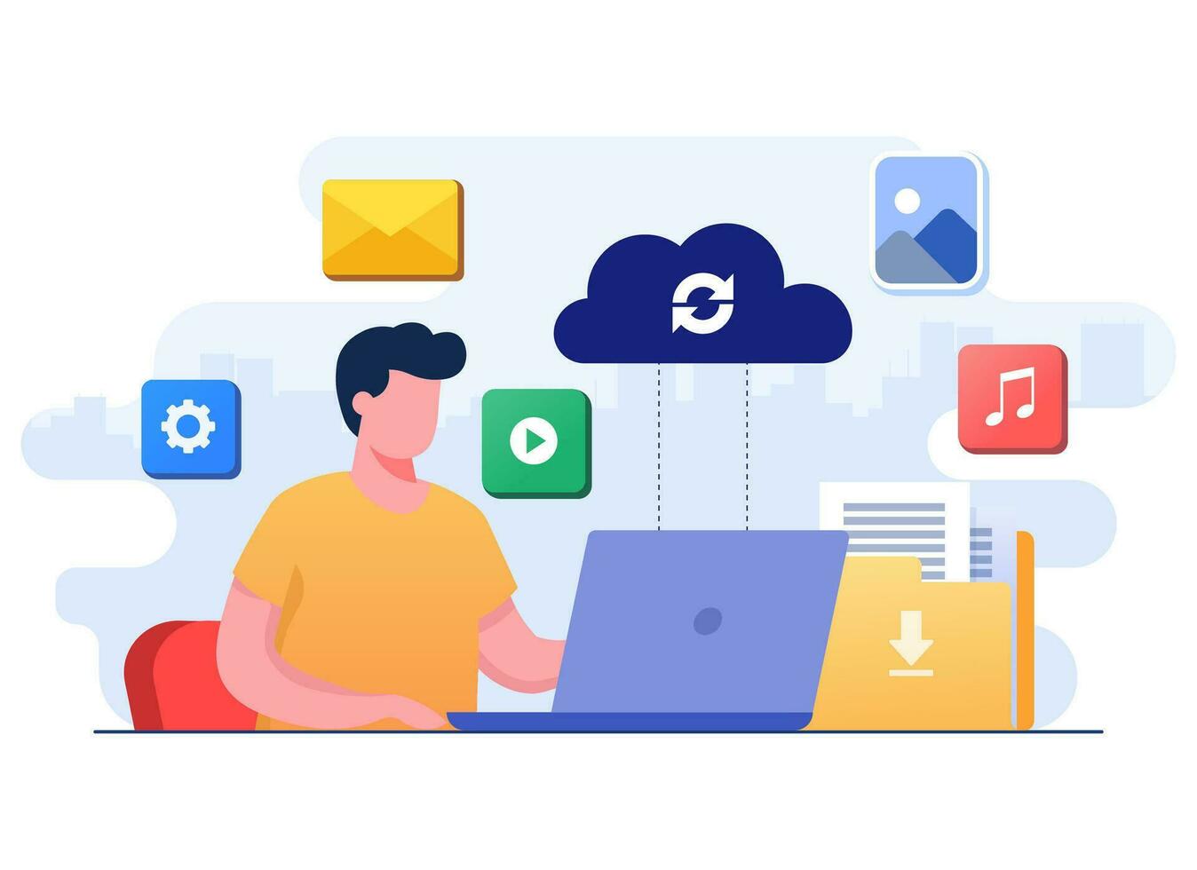 Man working with cloud computing and database service, Synchronize data, Secure file sharing, Upload and download files in the cloud server, Data backup, Online cloud storage vector