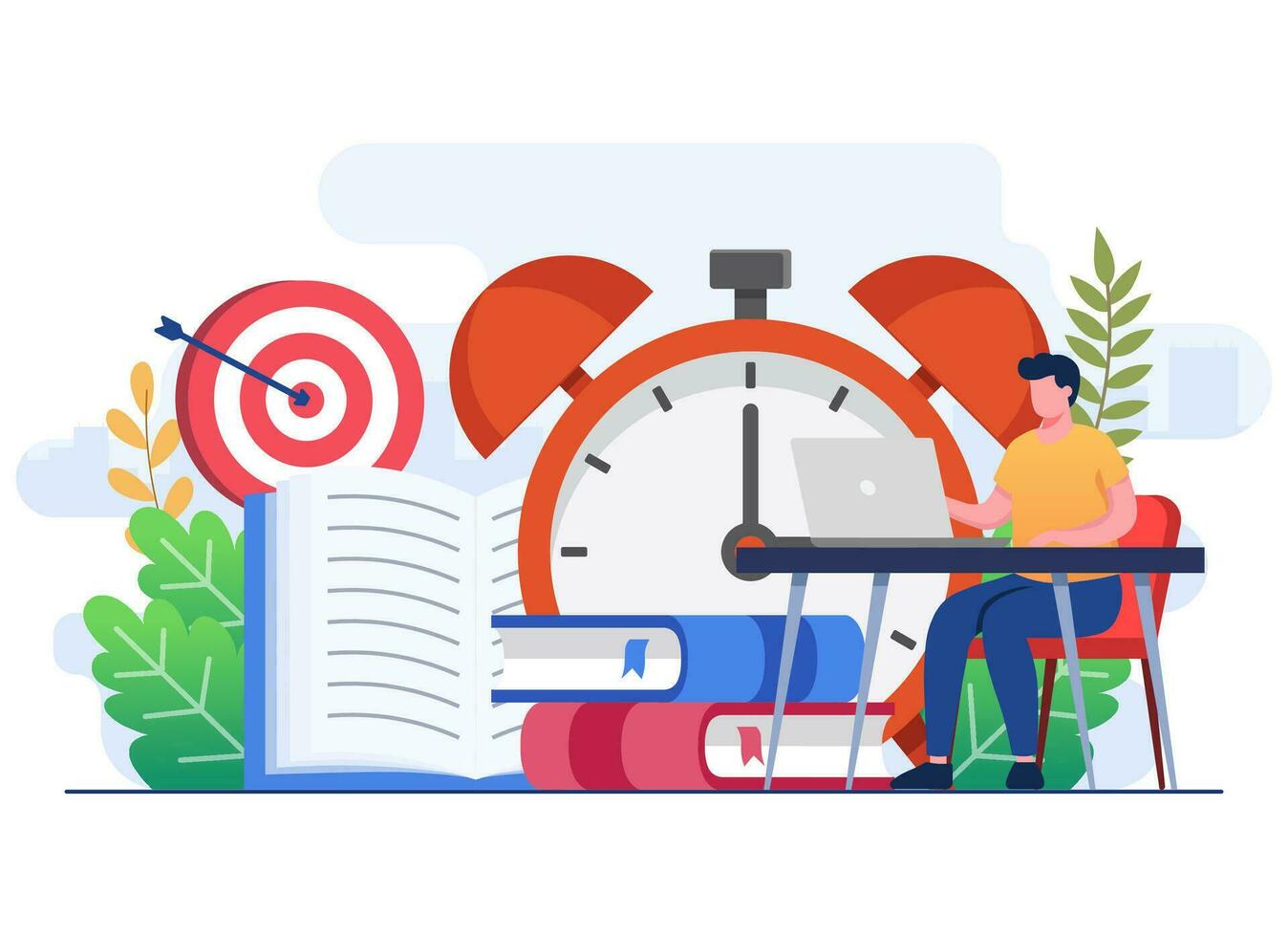 Students prepare for exams flat illustration vector concept, student learning before exam day, doing hard assignments, and preparing for module work, Exam deadline with hourglass