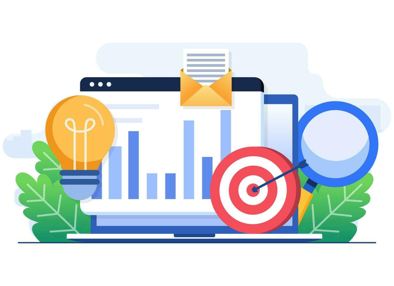 Business performance data analysis flat illustration concept, Search engine optimization, Market research chart, Data Analytics, Financial report, Business strategy, Financial forecast vector