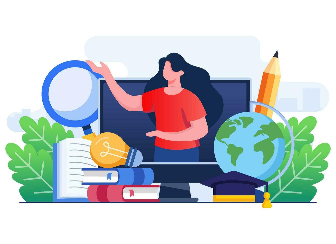 Female teacher teaching on computer screen flat vector illustration, Online education, e-learning, online course, online webinar, video tutorial