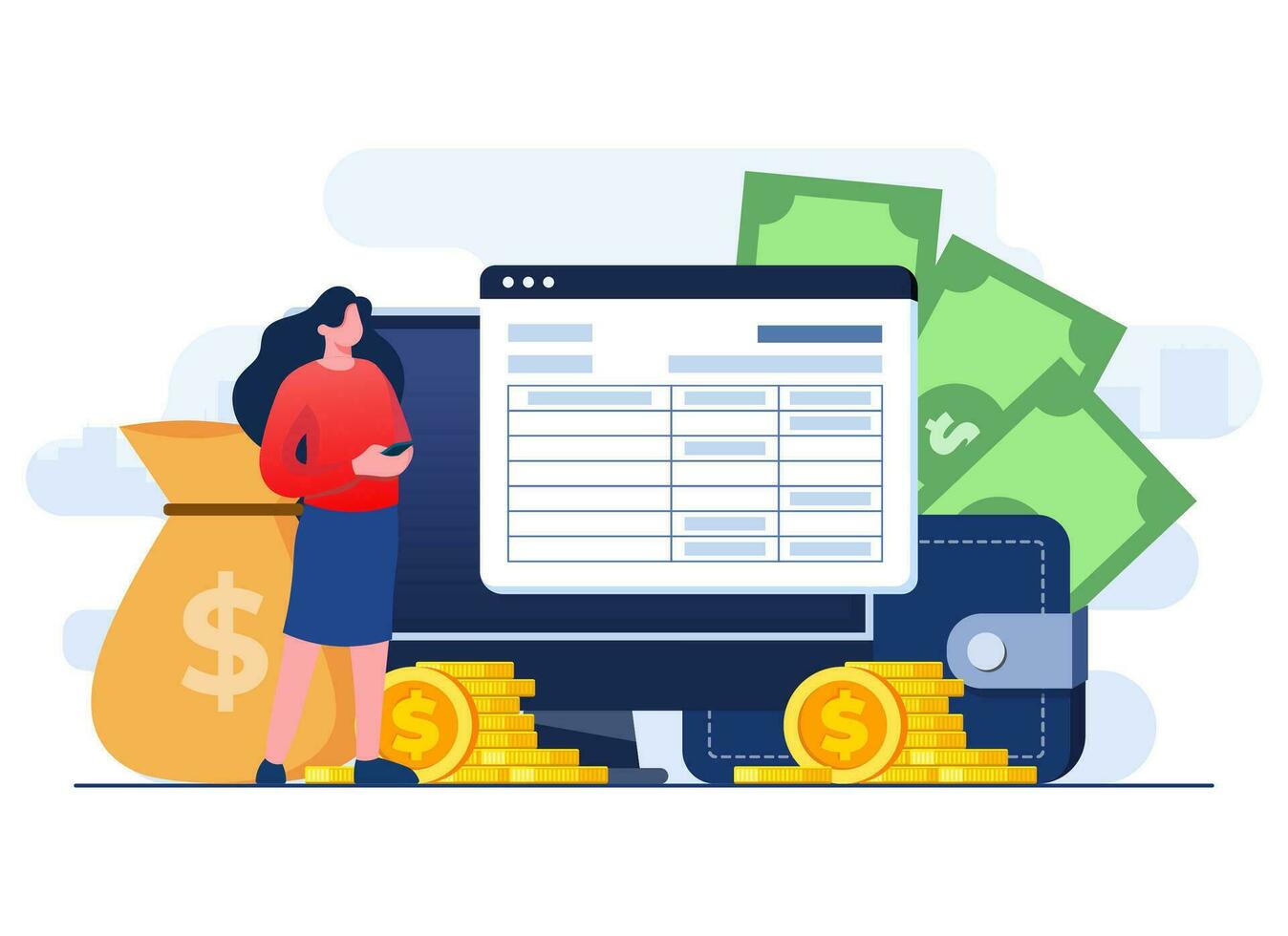 Budget bookkeeping concept flat illustration template, Bank statement, Calculating invoices, Financial record, Finance management, Electronic receipt, e-invoice document on computer screen vector