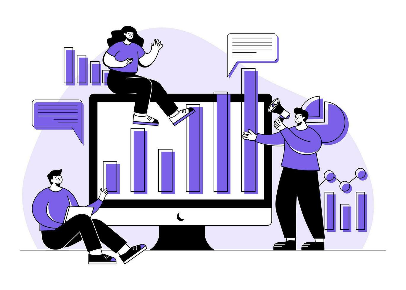 negocio personas mirando a cartas y gráficos en computadora pantalla, analizando negocio datos, negocio datos analítica, analítica y investigación, financiero informes y inversiones vector