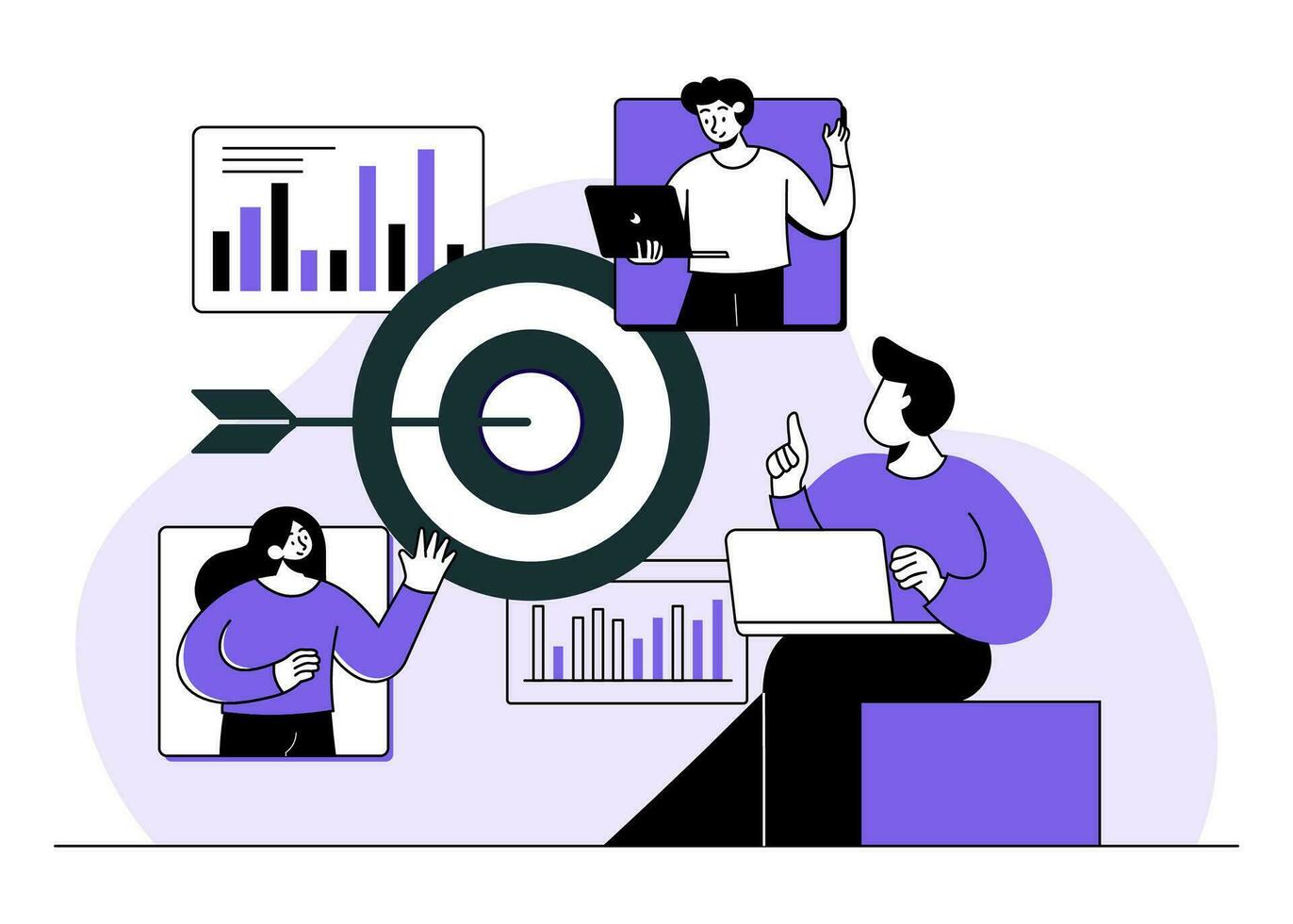 manager giving tasks and feedback about project to employees, Workflow management, effective and productive teamwork, Online business communication, Remote work process flat illustration, Meeting vector