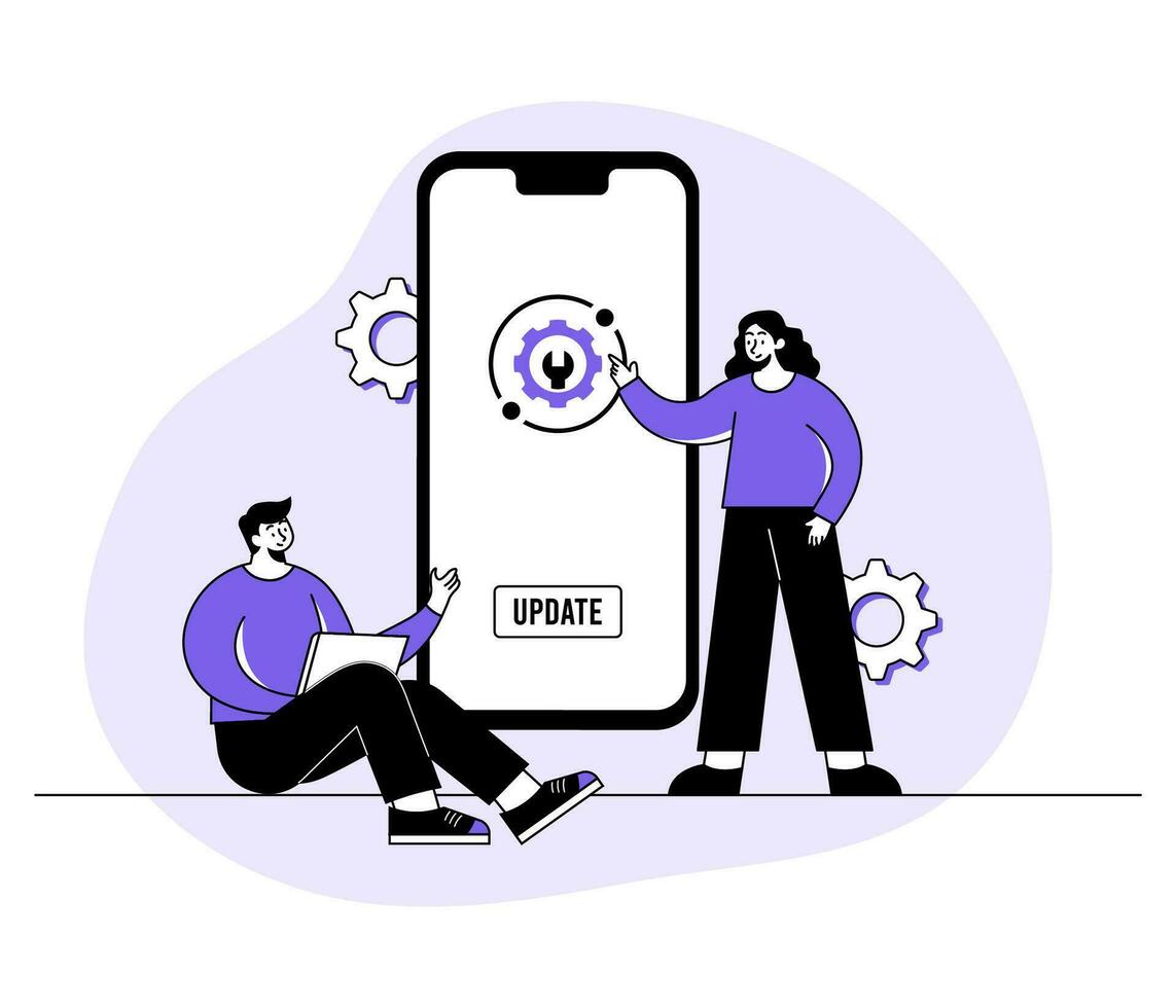 Smartphone with software update screen flat vector illustration, System maintenance, update process, install software, operating system, PC bug fixing, System or web application upgrade procedure