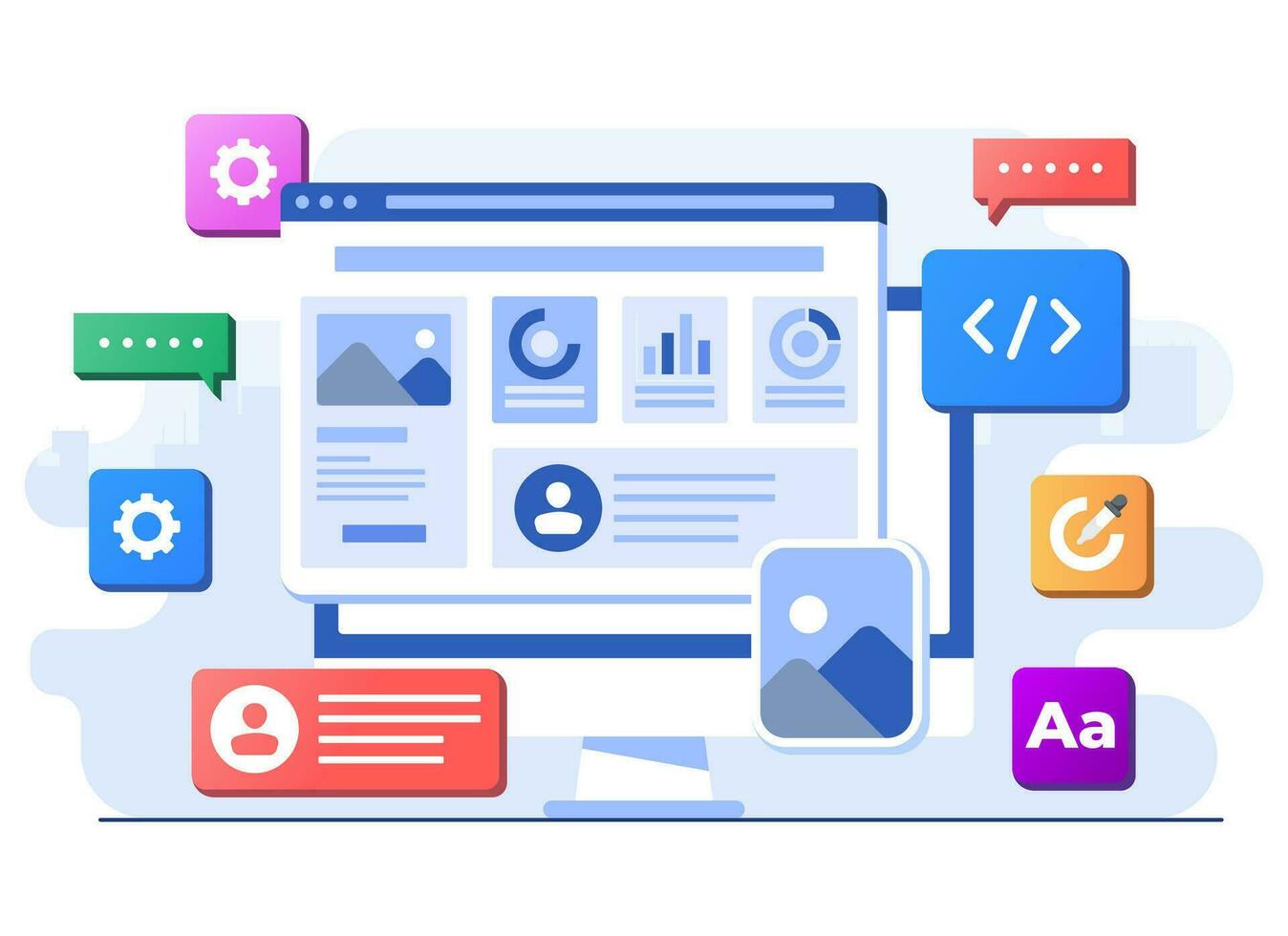 Interface elements and browser windows on the laptop screen, Web design, UI UX, Software development, Web design, Application design, Coding, Web development flat illustration for landing page vector