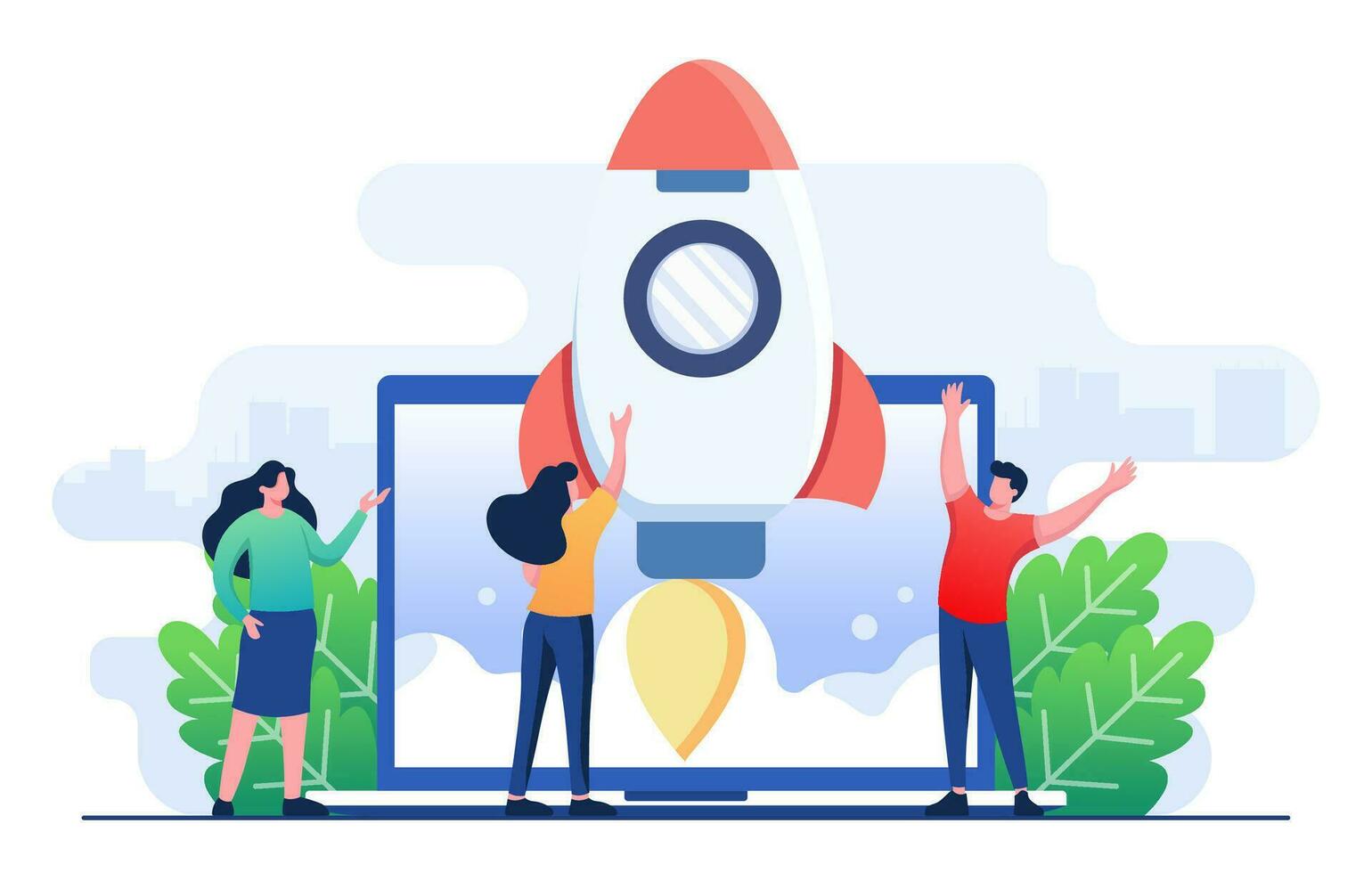 Businesspeople successfully launch rocket on laptop screen, Startup business project, successful business strategy, Business development, Entrepreneurship, Innovation product, creative idea, Teamwork vector