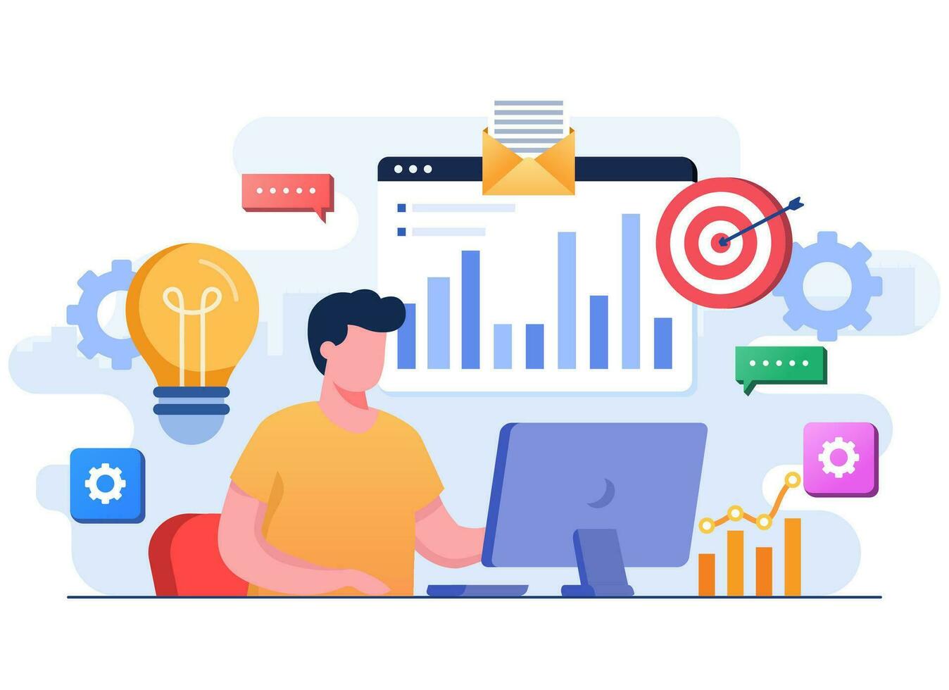 Businessman analyzing charts, graphs, and bars, Business data analytics, Market research, Business performance, Search engine optimization, Financial report, Business strategy, Financial forecast vector