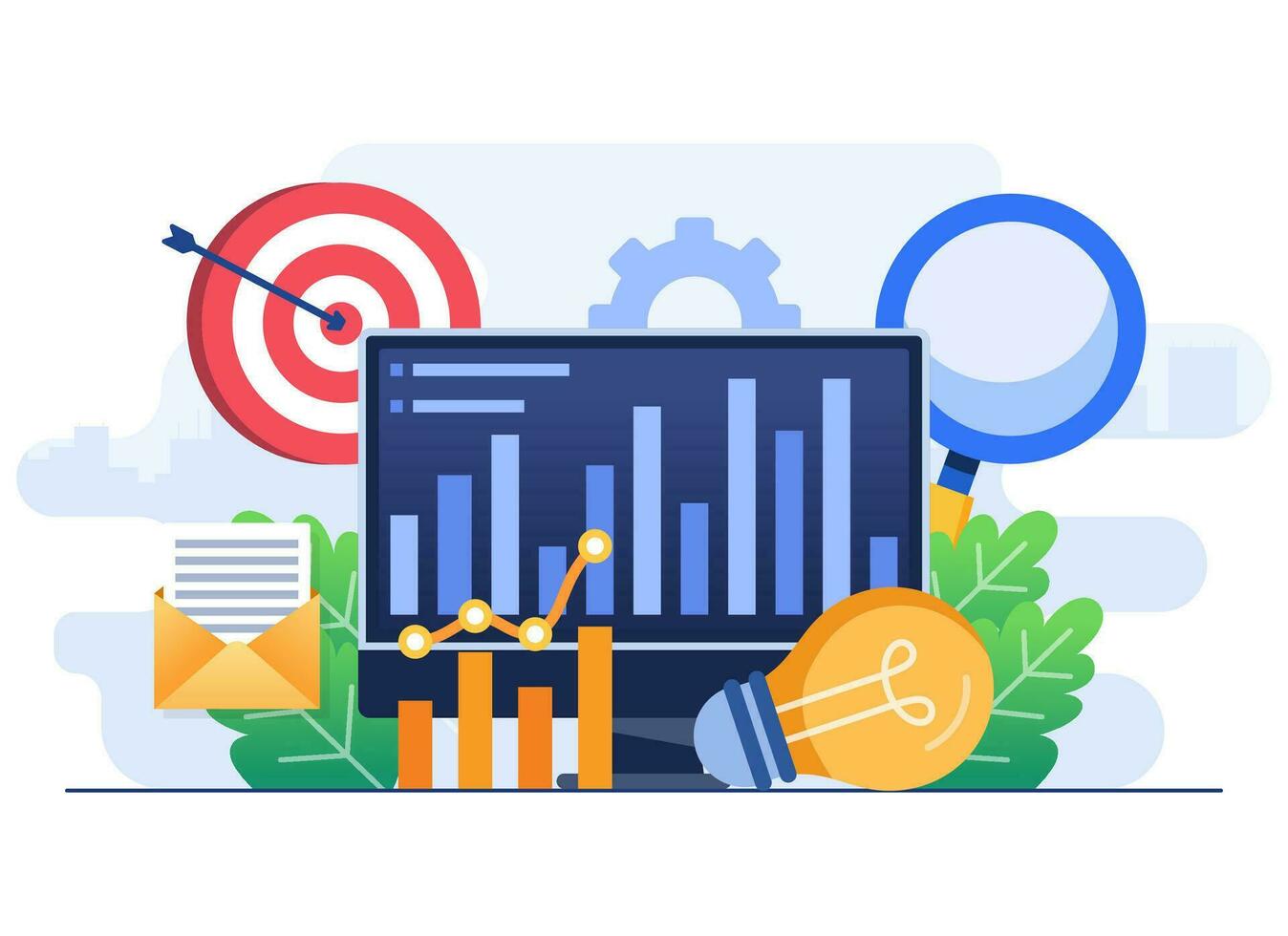 Business performance data analysis flat illustration concept, Search engine optimization, Market research chart, Data Analytics, Financial report, Business strategy, Financial forecast vector