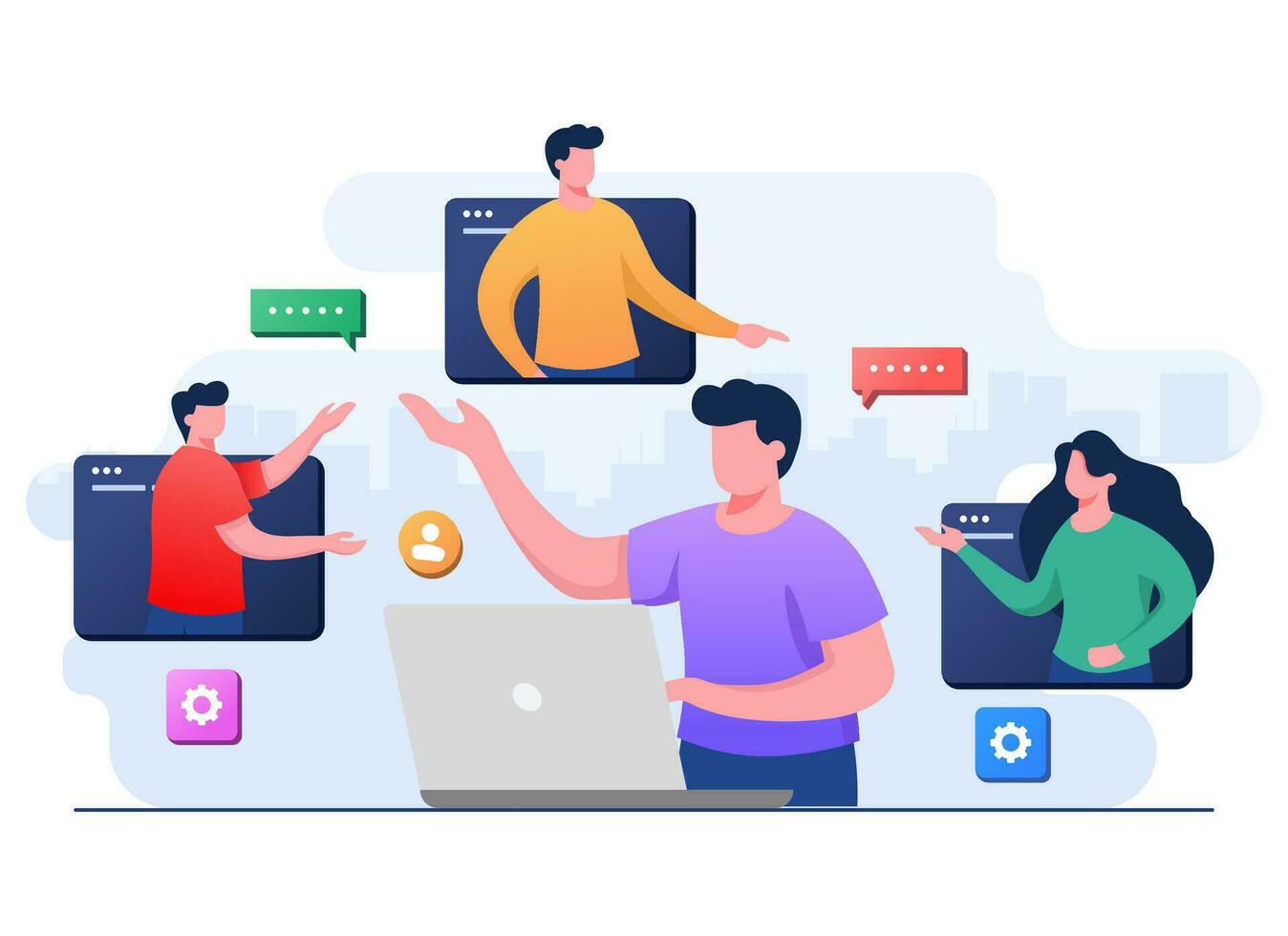 Business people meet online, Male employee speak on video call with coworkers on laptop at home, Video Conference, Team thinking and brainstorming, Remote working, Virtual meeting, Teleconference, vector